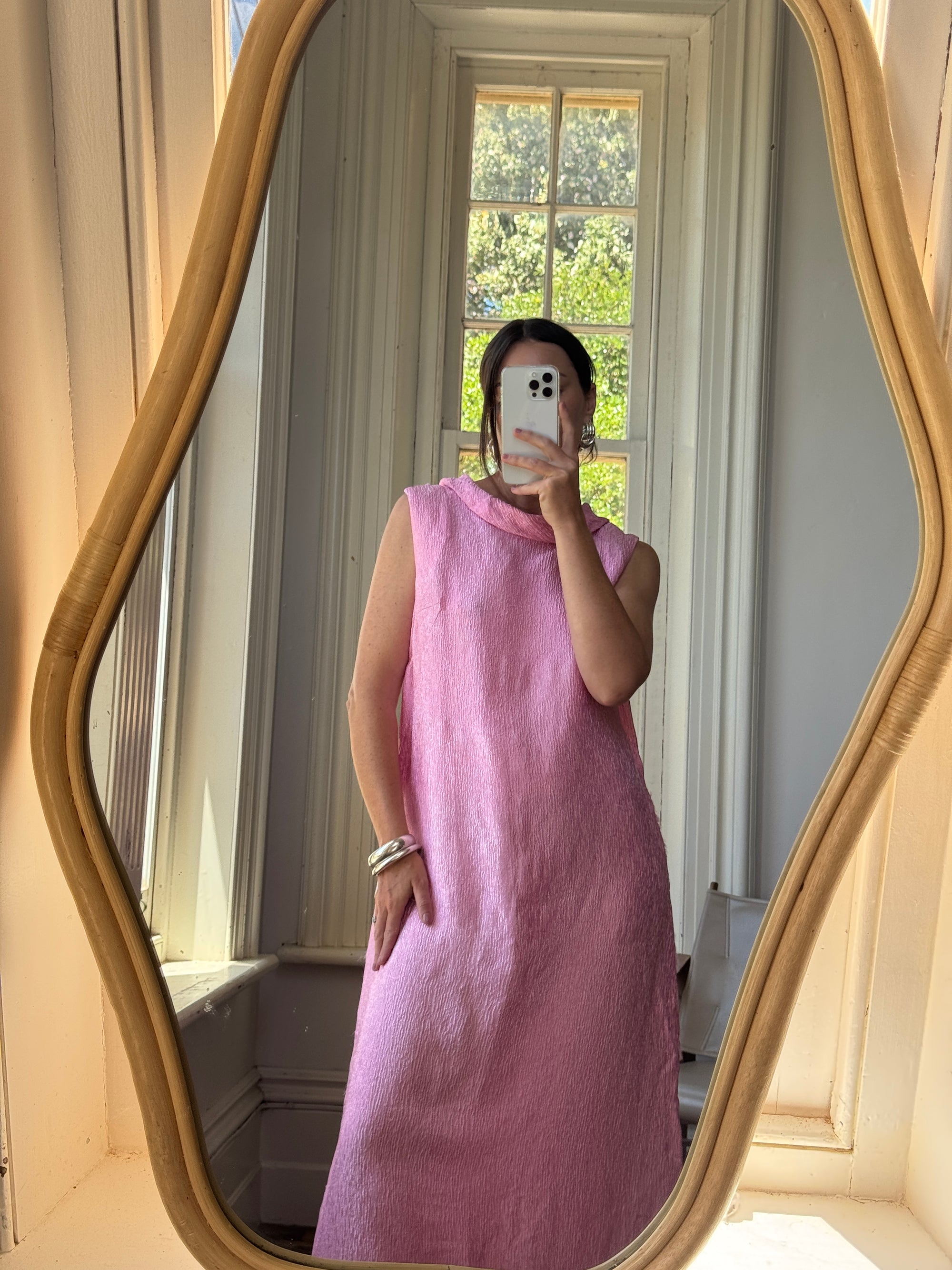Vintage 80s Boat Neck Crinkle Dress Hot Pink