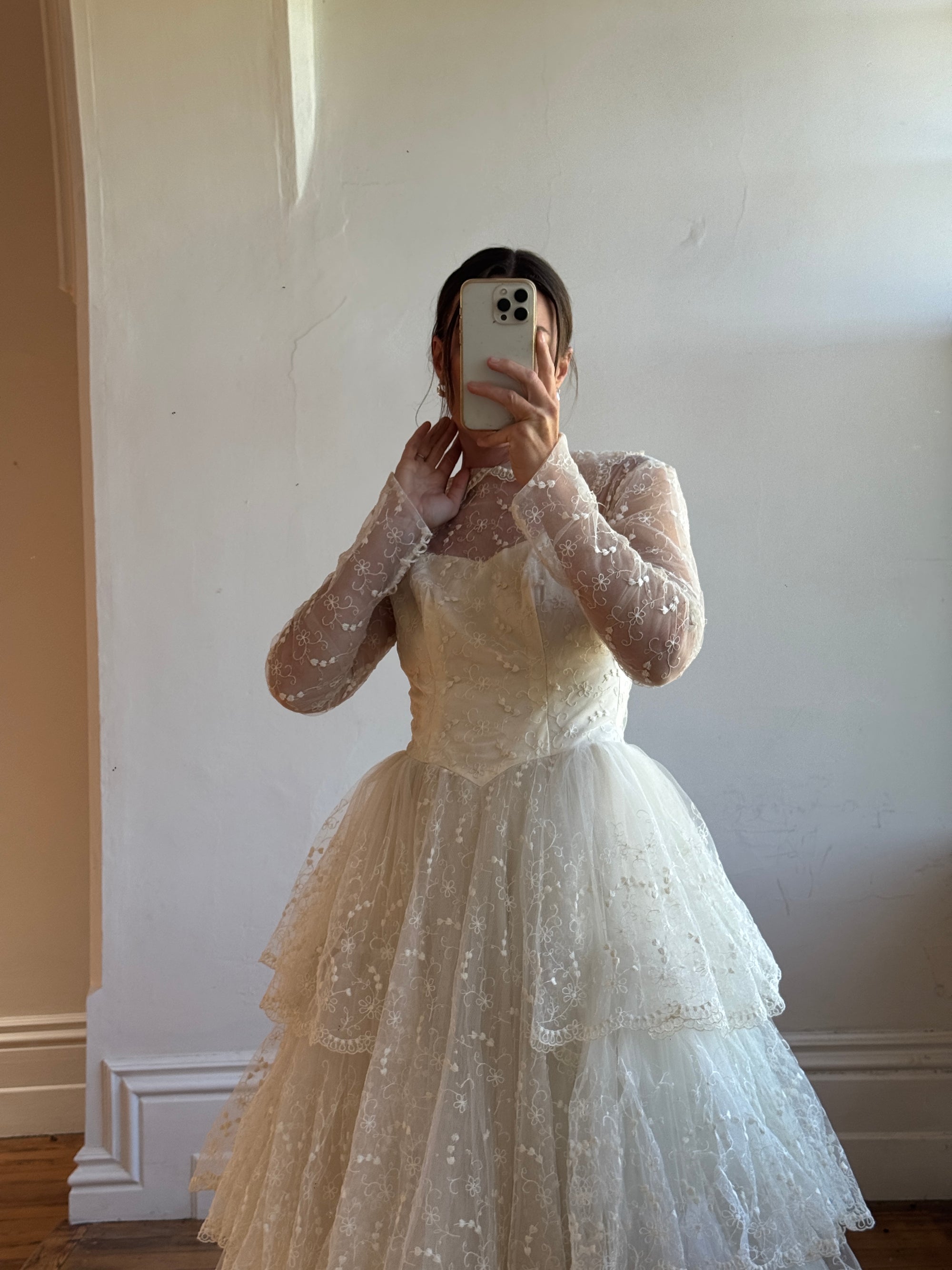 Vintage 70s Tiered Lace and Tulle Long Sleeved Wedding Gown