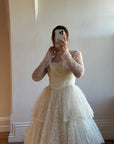 Vintage 70s Tiered Lace and Tulle Long Sleeved Wedding Gown