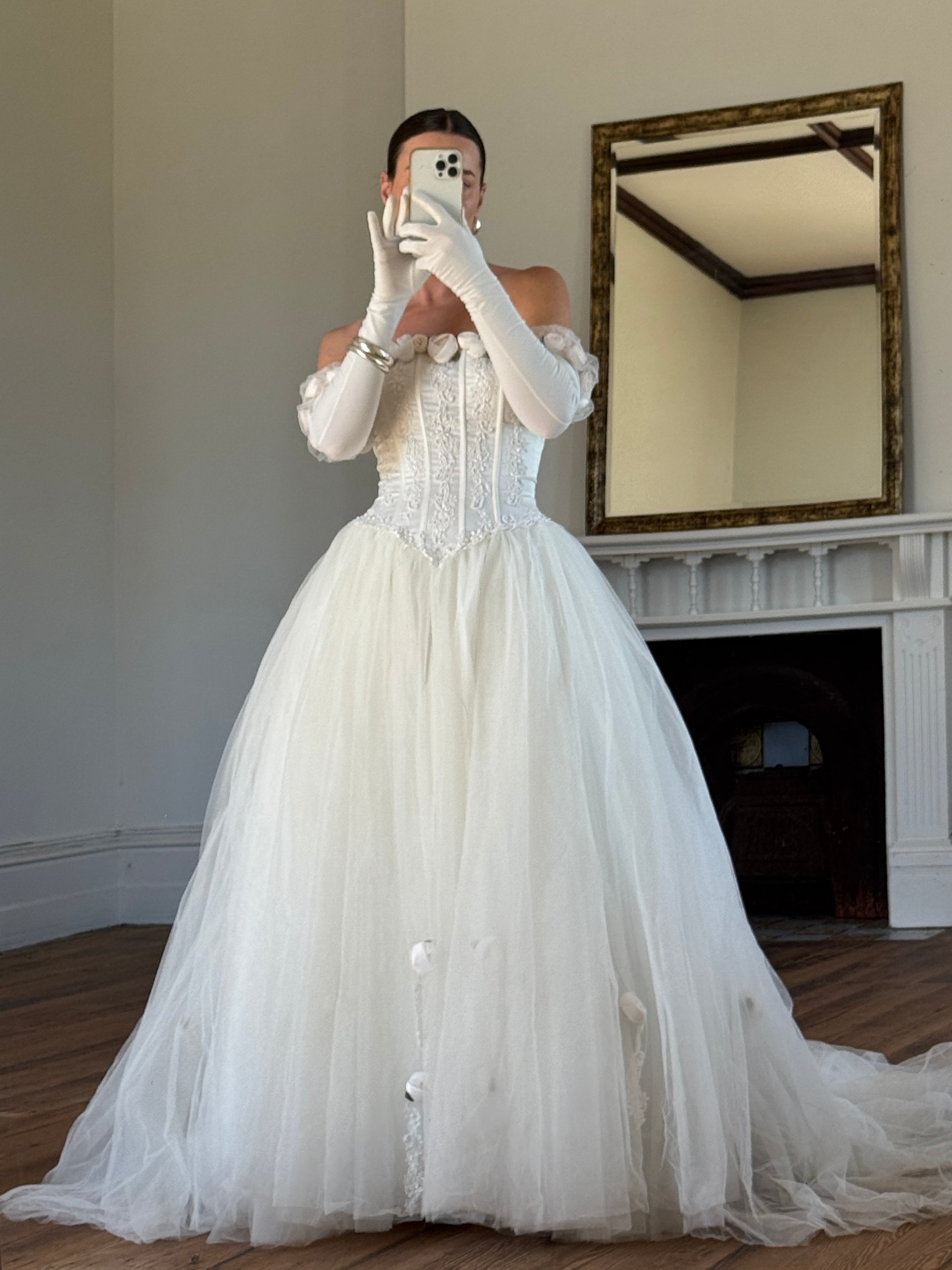 Vintage 90s Rosette Tulle Princess Wedding Gown with Gloves