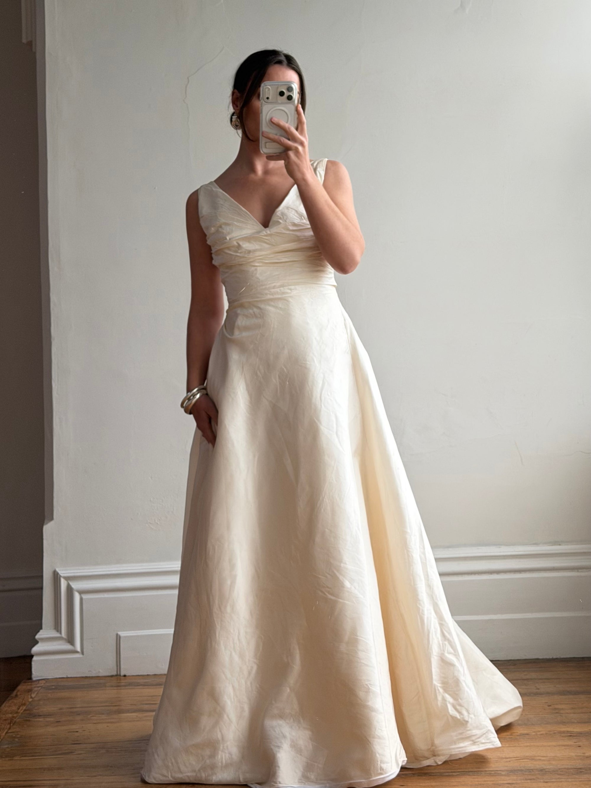 Vintage 90s Ivory Silk V-Neck A-Line Wedding Gown