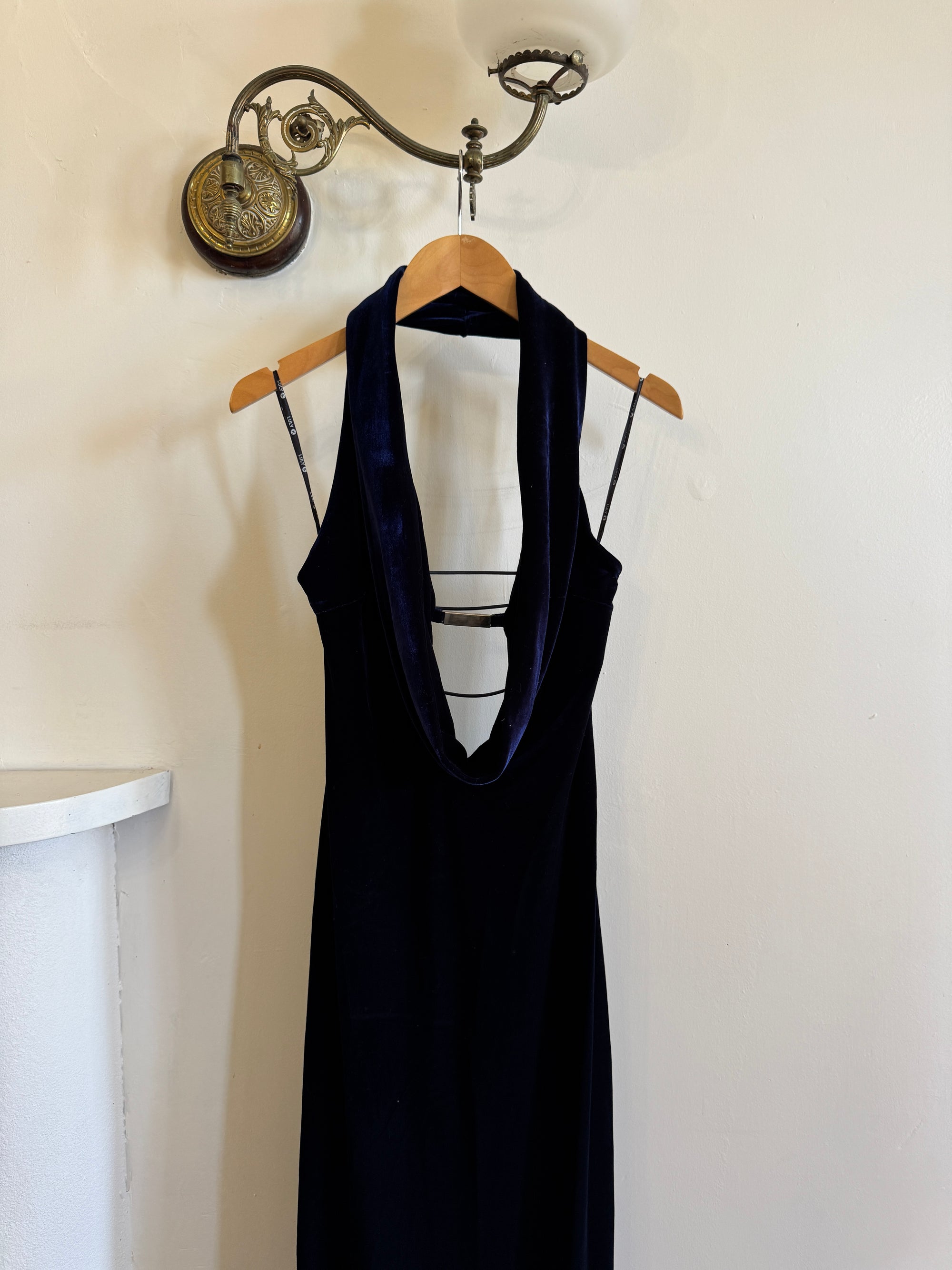 Vintage 90s Plunging Navy Velvet Bodycon Dress with Silver Hardware
