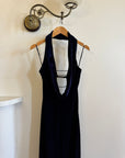 Vintage 90s Plunging Navy Velvet Bodycon Dress with Silver Hardware