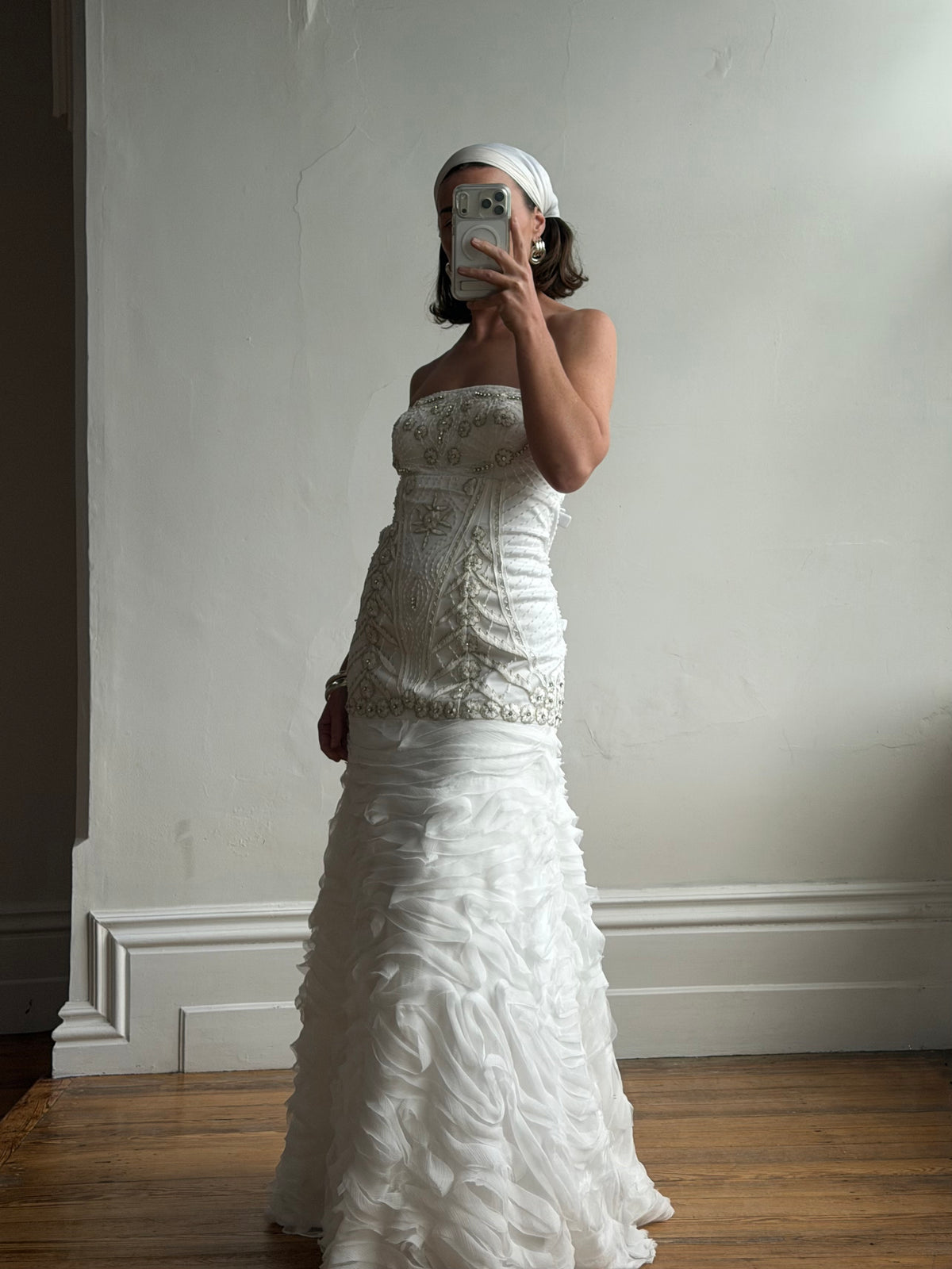 Vintage 90s Strapless Embellished Ruffled Wedding Gown
