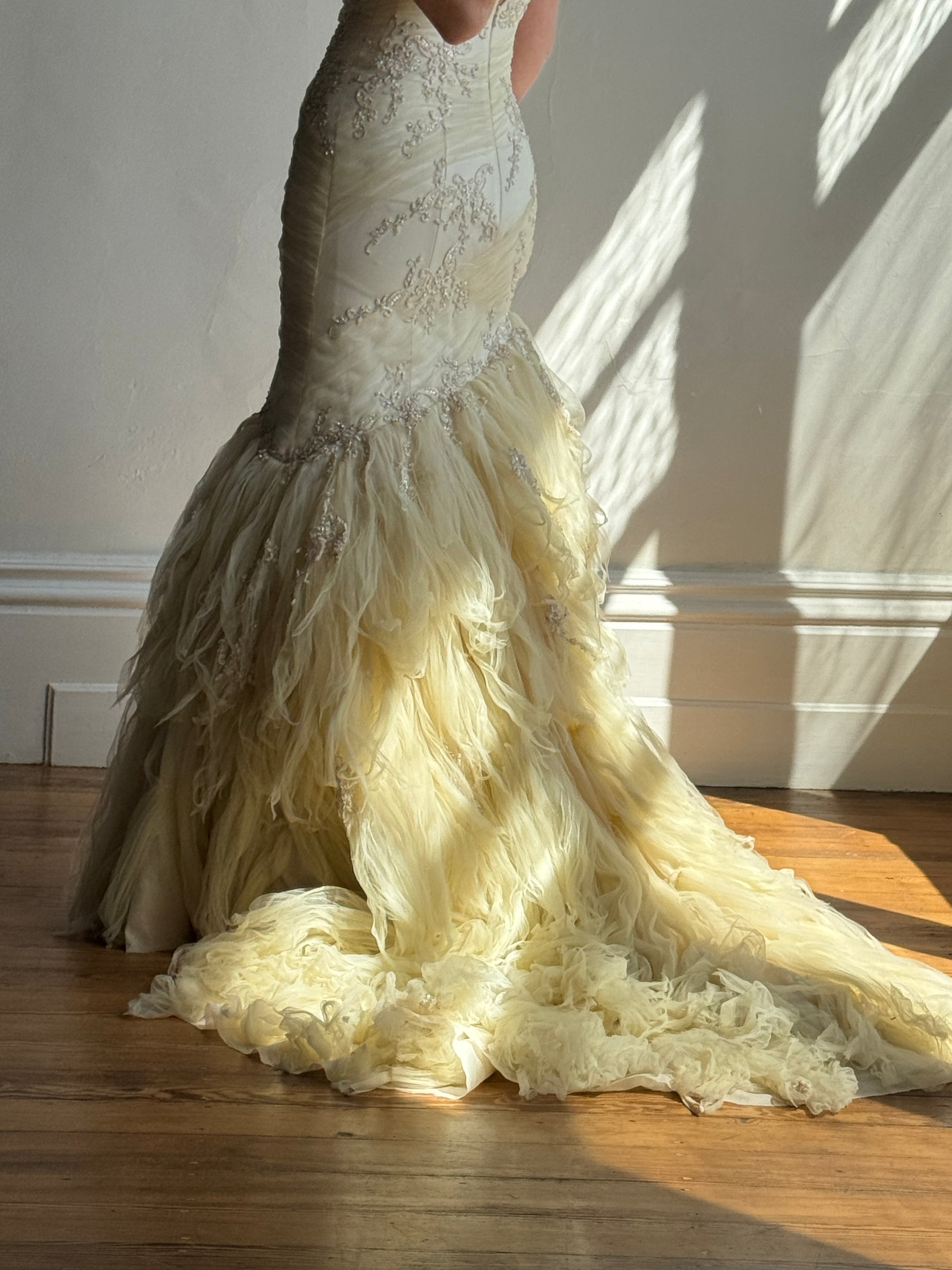 Vintage 90s Fishtail Beaded Tulle Wedding Gown Champagne