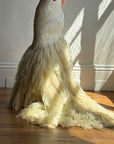 Vintage 90s Fishtail Beaded Tulle Wedding Gown Champagne