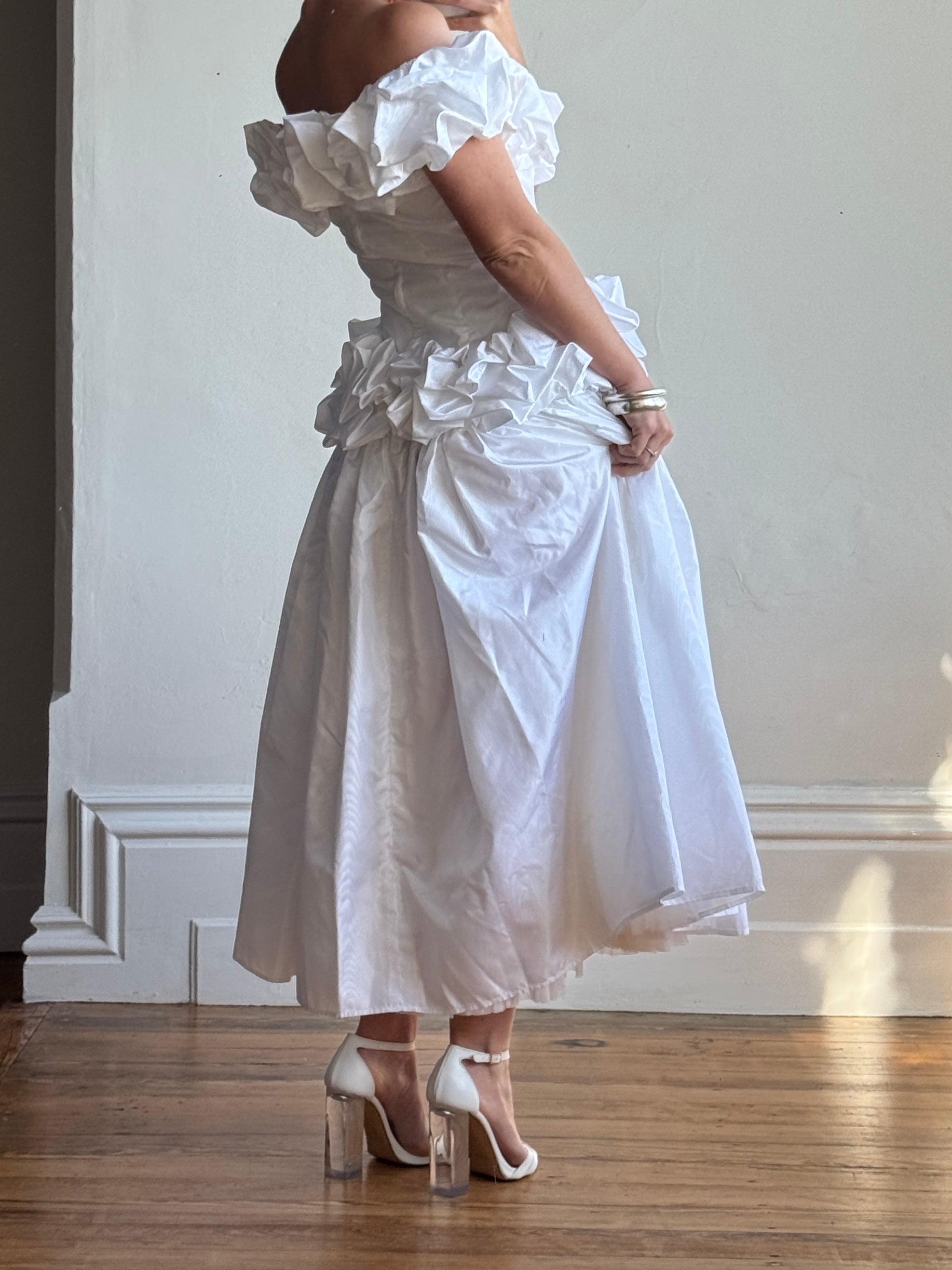 Vintage 80s Taffeta Ruffle Off Shoulder Wedding Dress
