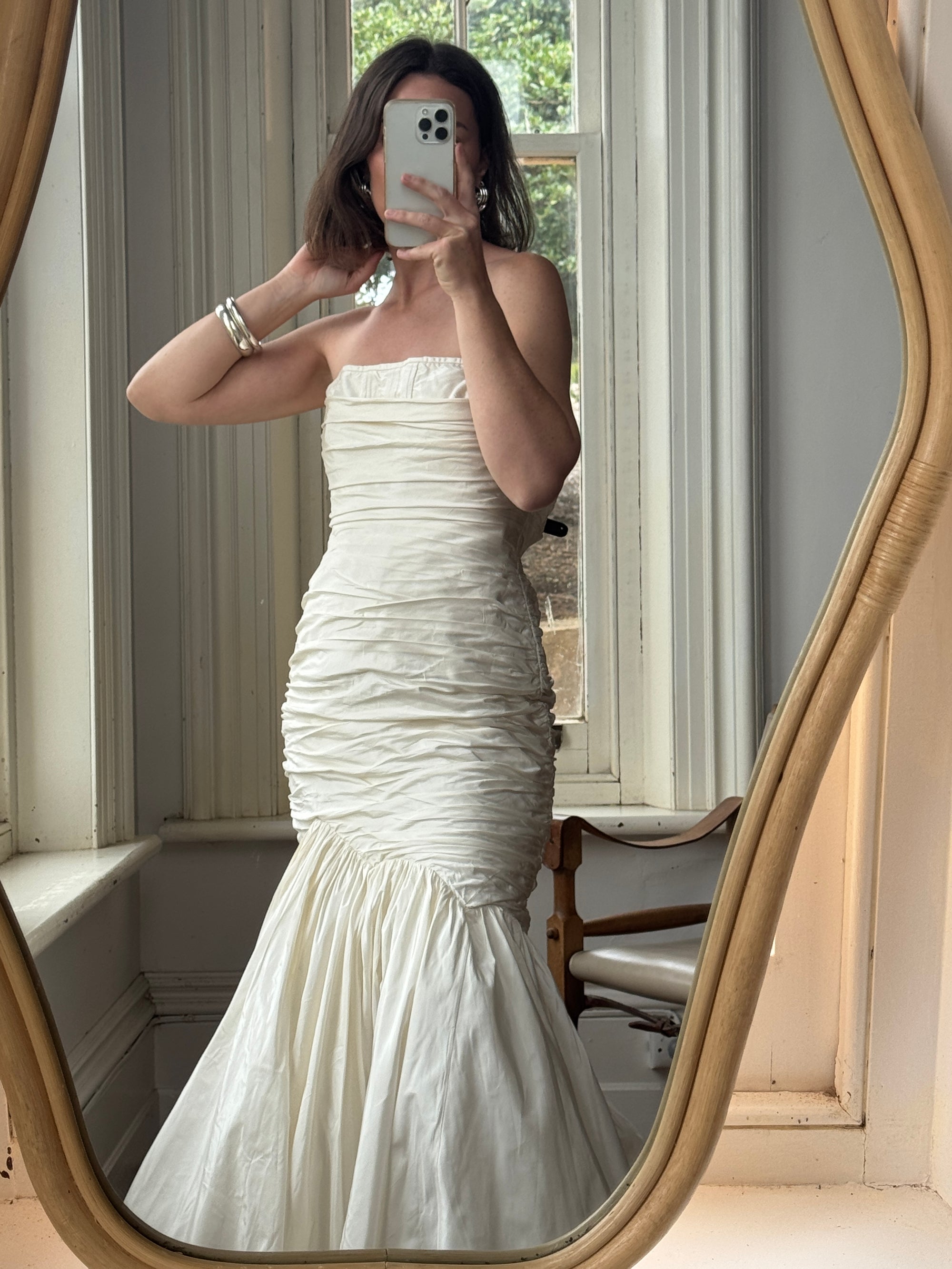 Vintage Y2K Pure Silk Taffeta Gathered Fishtail Wedding Gown