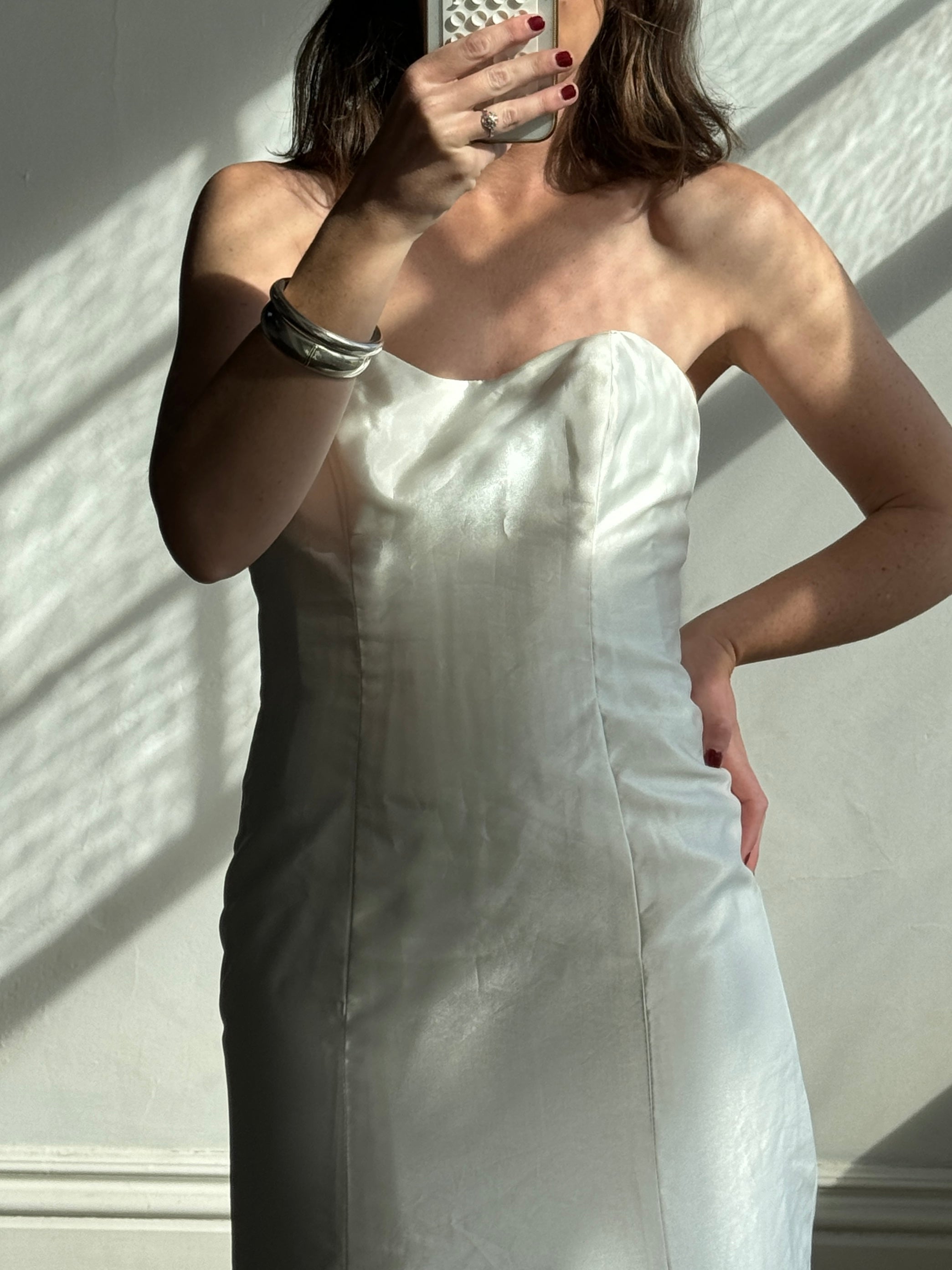 Vintage Y2K Strapless Satin Wedding Gown with Ruffled Train