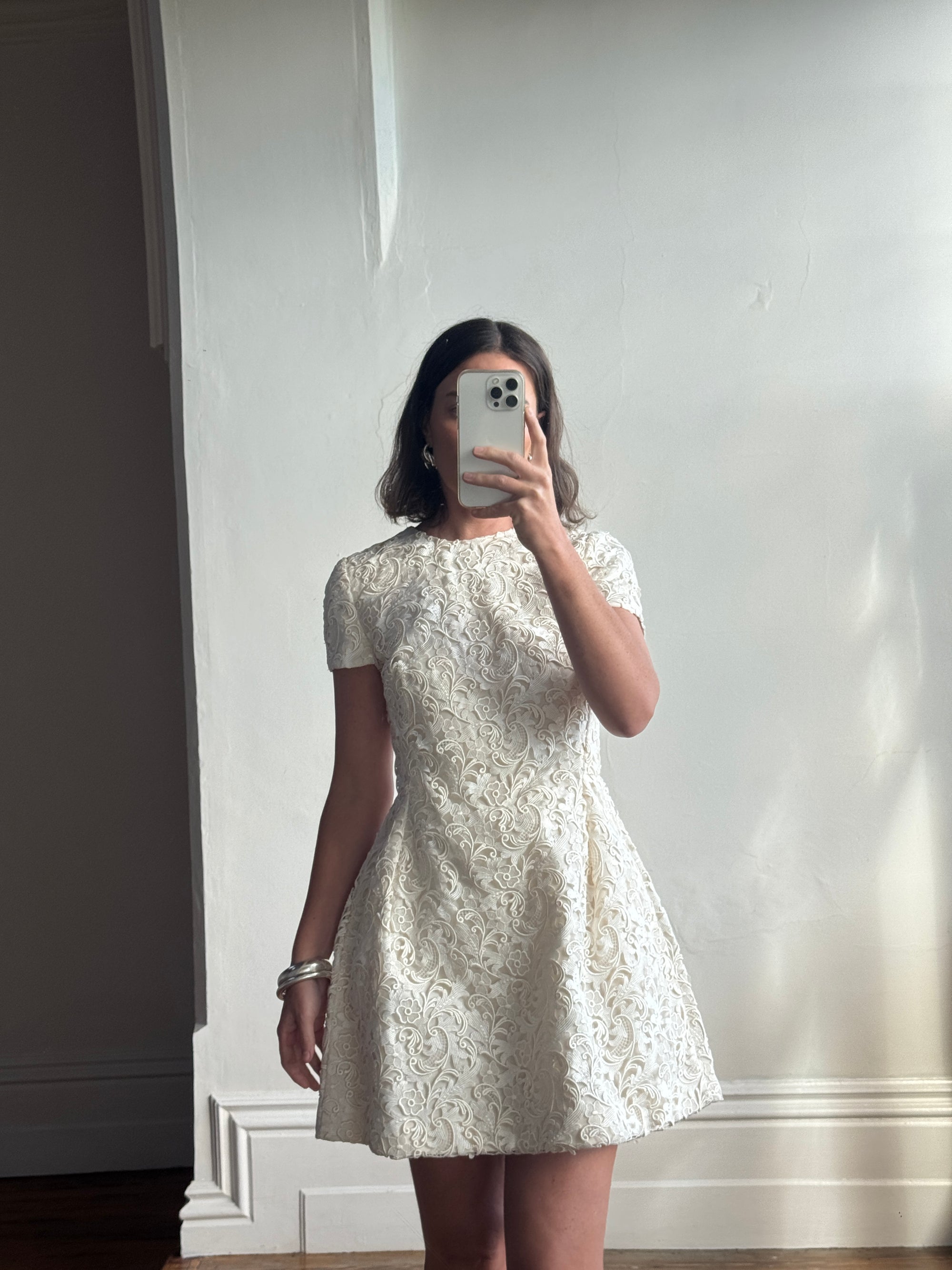 Vintage 90s Christian Dior Guipure Lace Structured Bridal Mini Creme