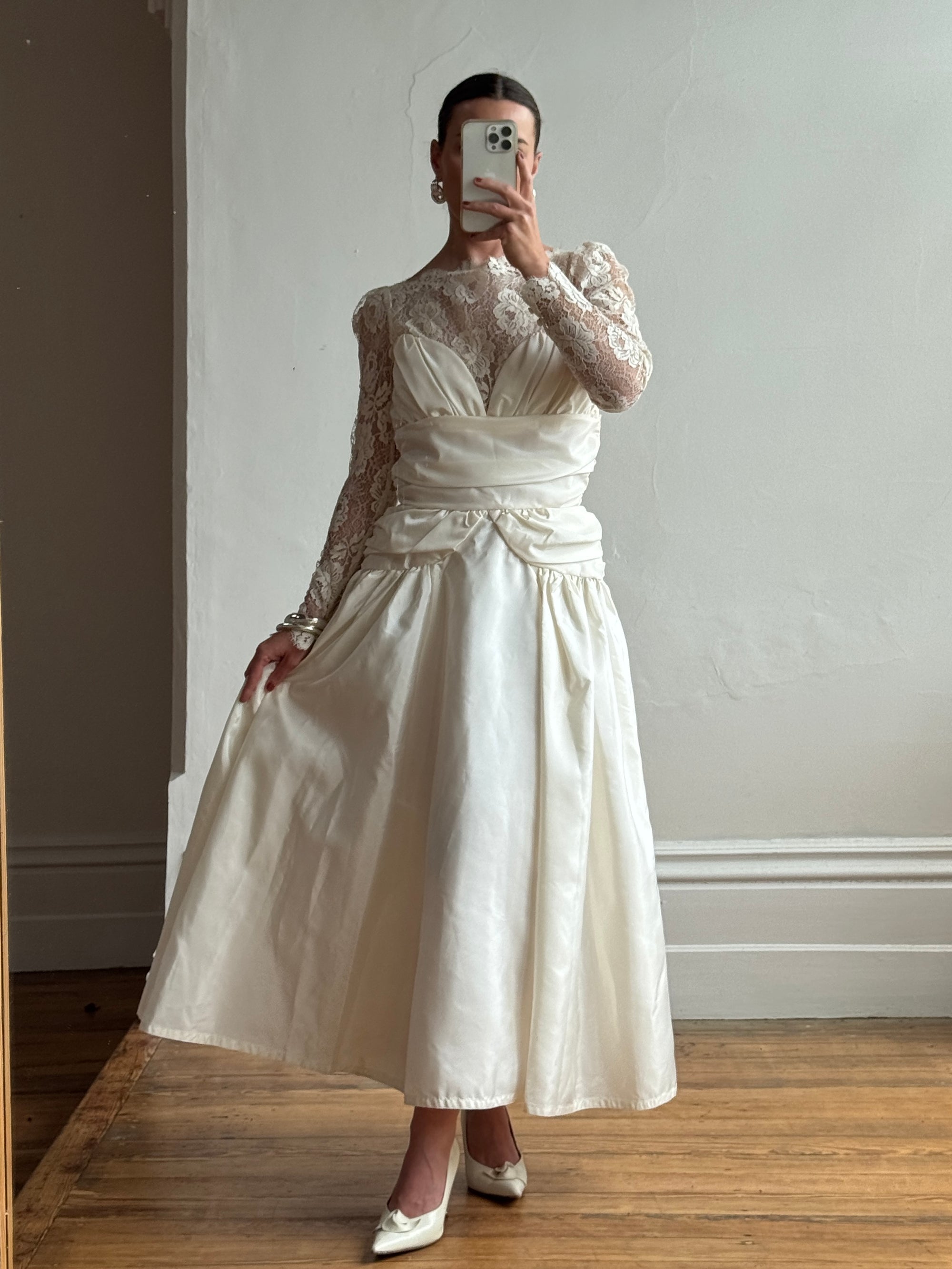 Vintage 80s Creme Taffeta Lace Midi Dress