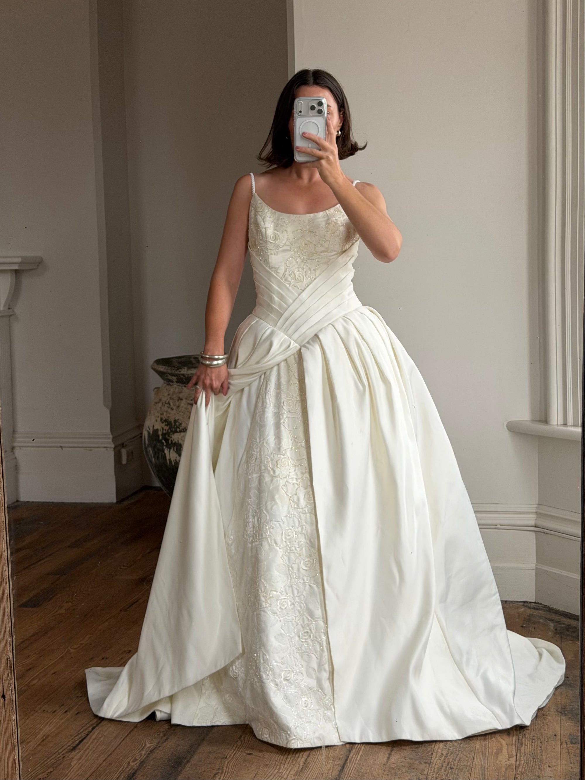 Vintage 90s Pleated Jacquard Satin Wedding Gown