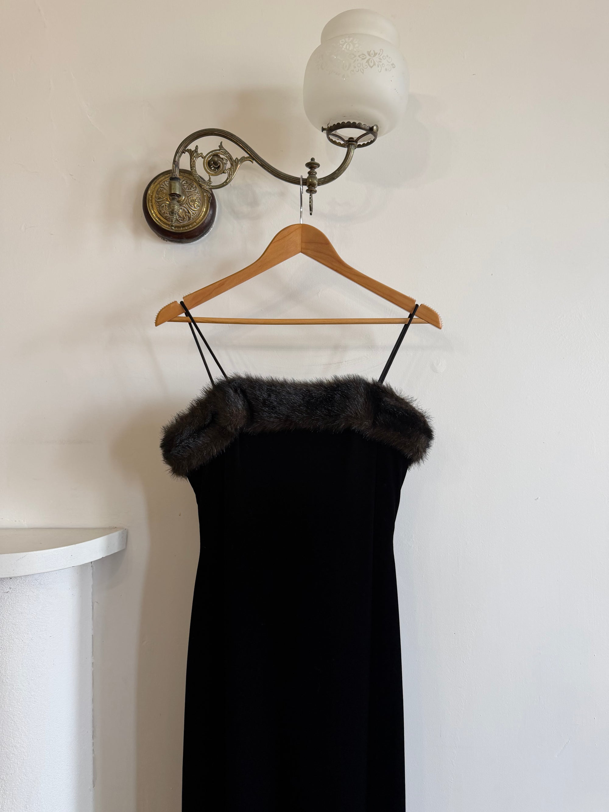 Vintage 90s Velvet Bodycon Maxi Dress with Fur Trim