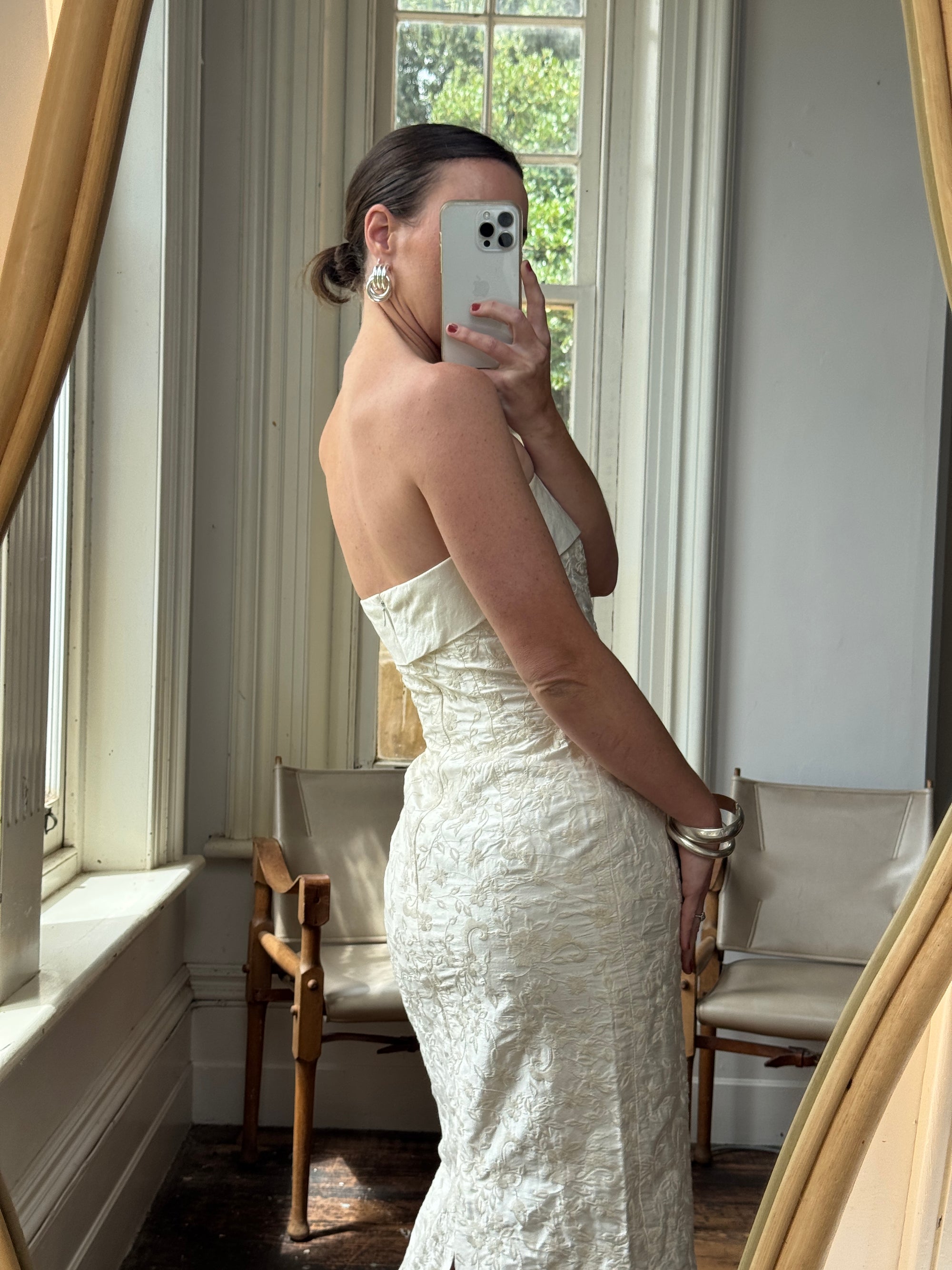Vintage 90s Pure Silk Jacquard Strapless Bridal Midi