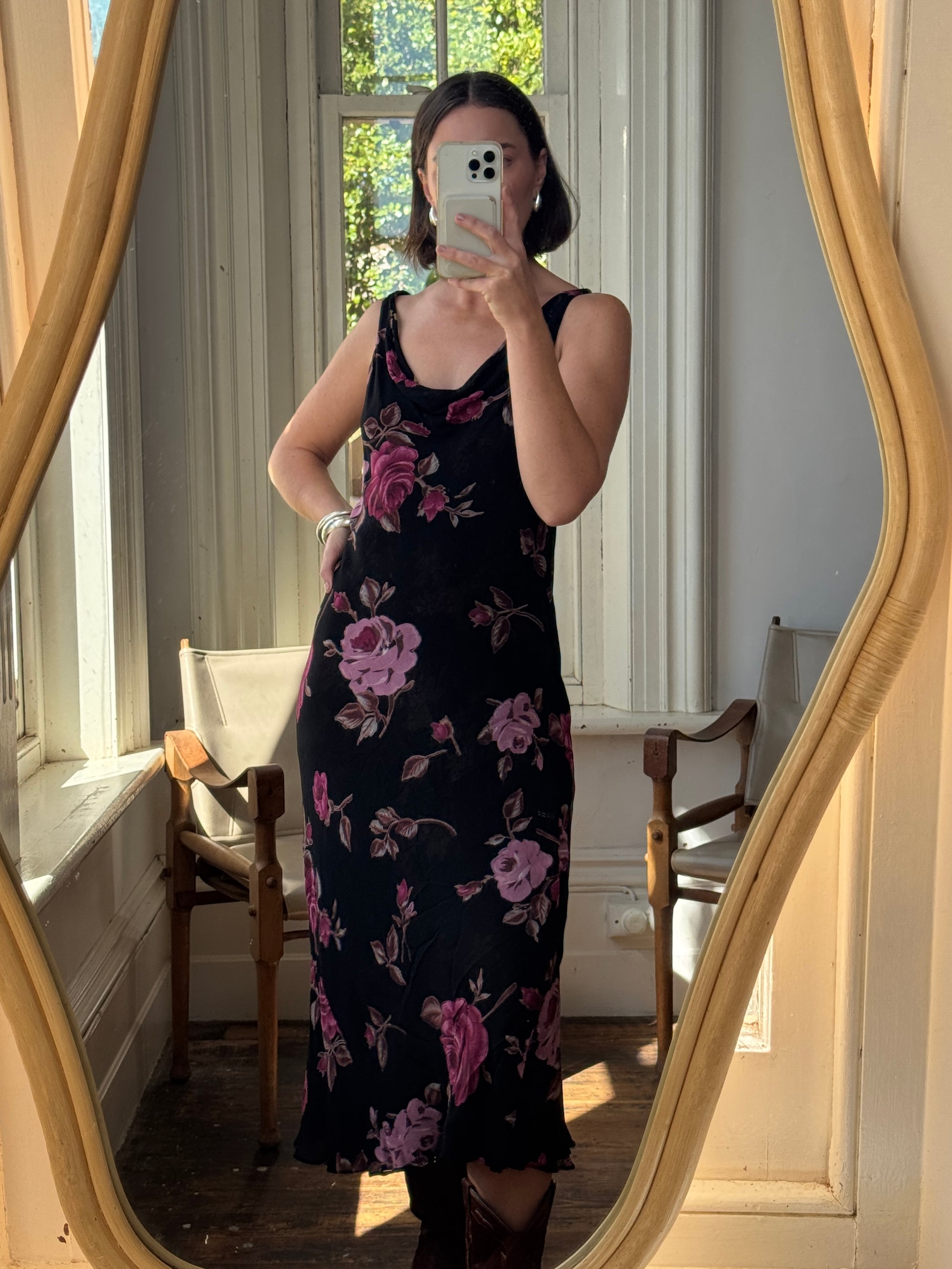 Vintage 90s Reversible Cowl Neck Floral Midi