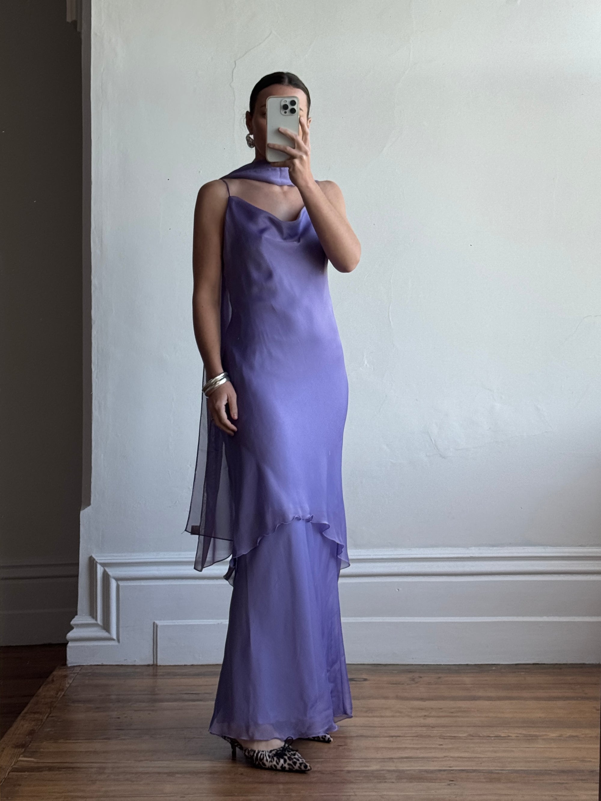 Vintage 90s Lilac Cowl Tiered Slip Dress with Scarf
