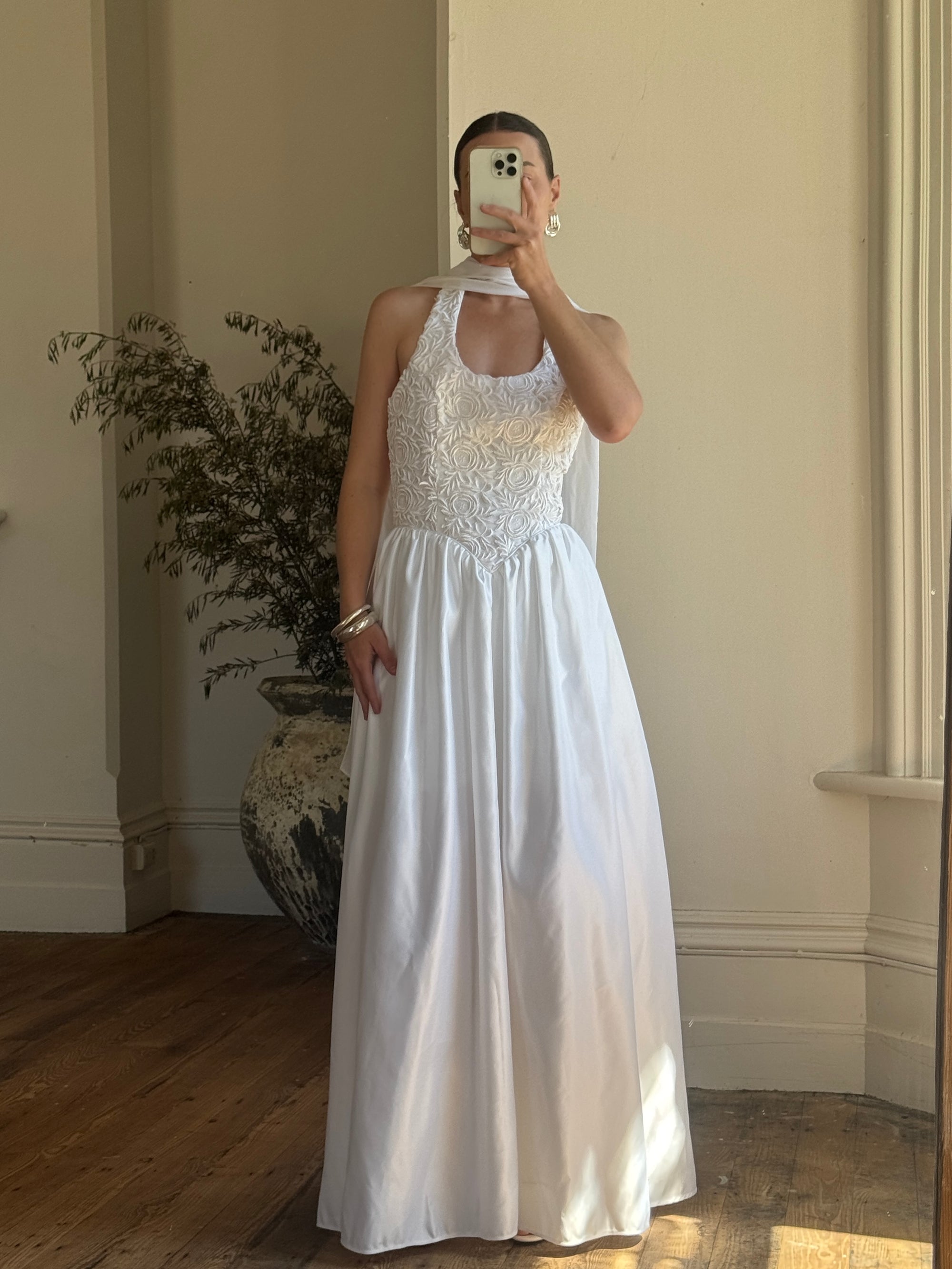 Vintage 90s Australian Made Lace Halter Satin Wedding Dress