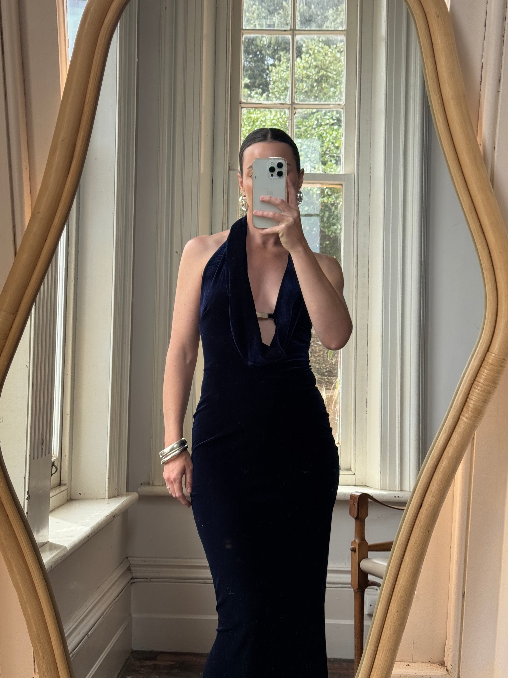 Vintage 90s Plunging Navy Velvet Bodycon Dress with Silver Hardware
