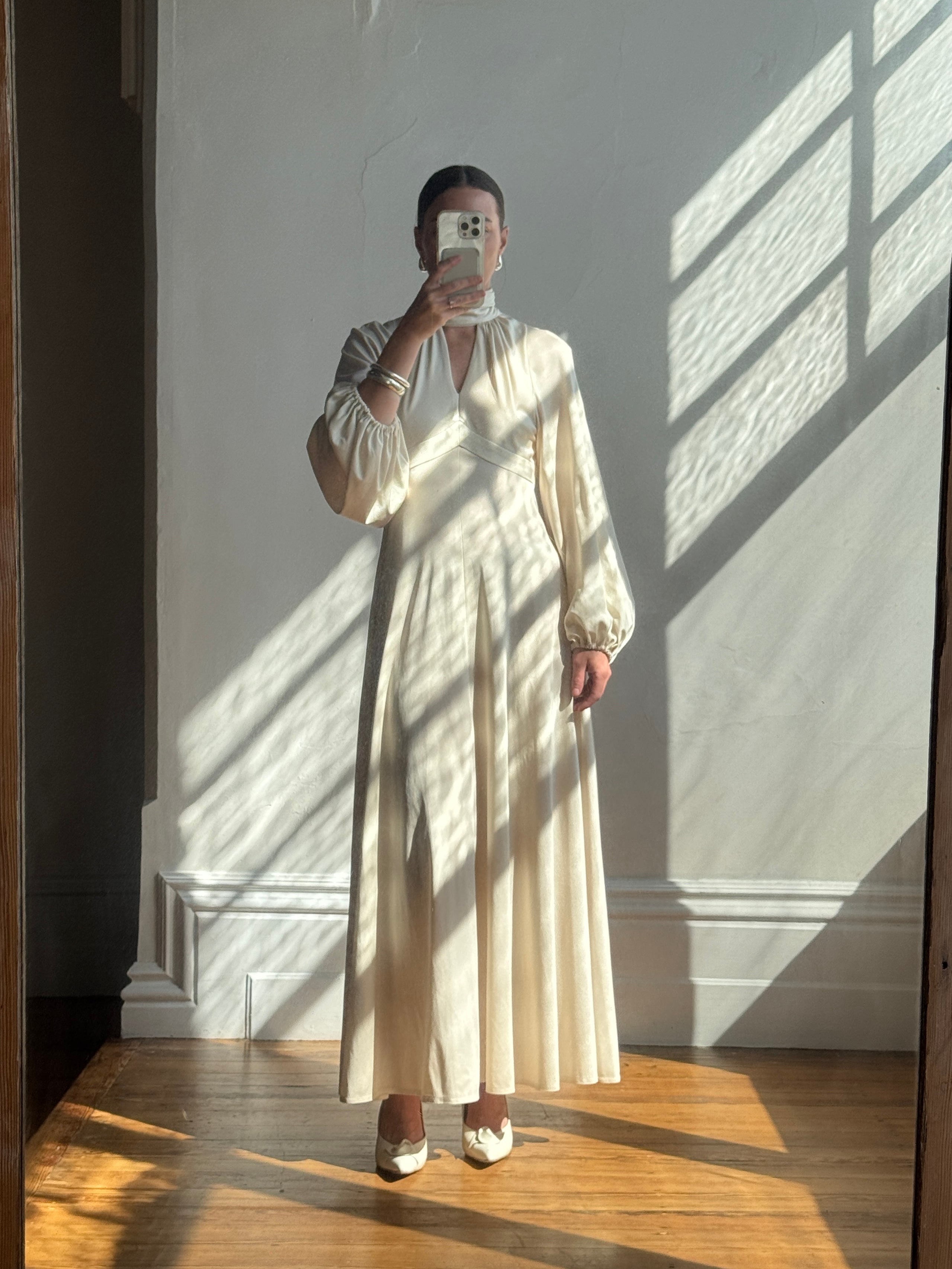 Vintage 70s Jersey High Neck Maxi Dress Creme