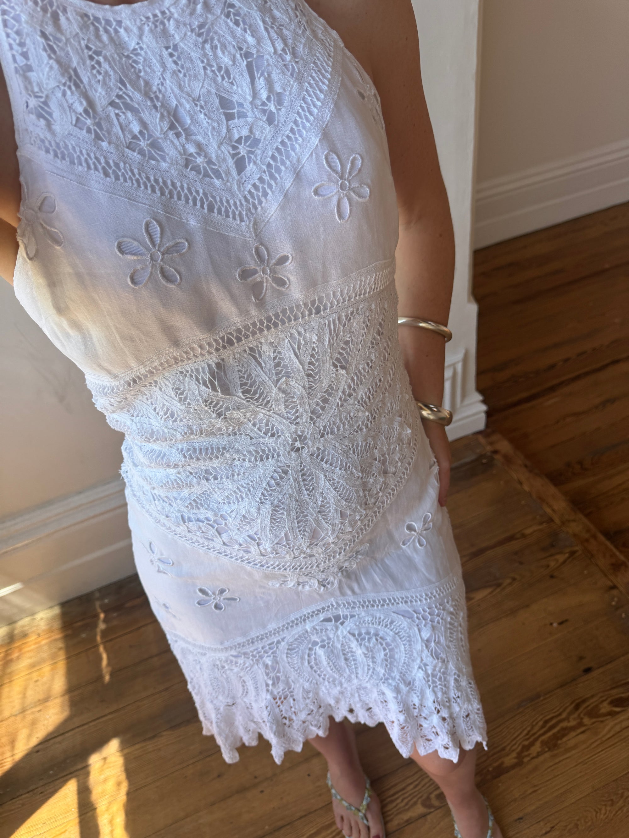 Vintage 90s Crochet Linen Handkerchief Halter Dress