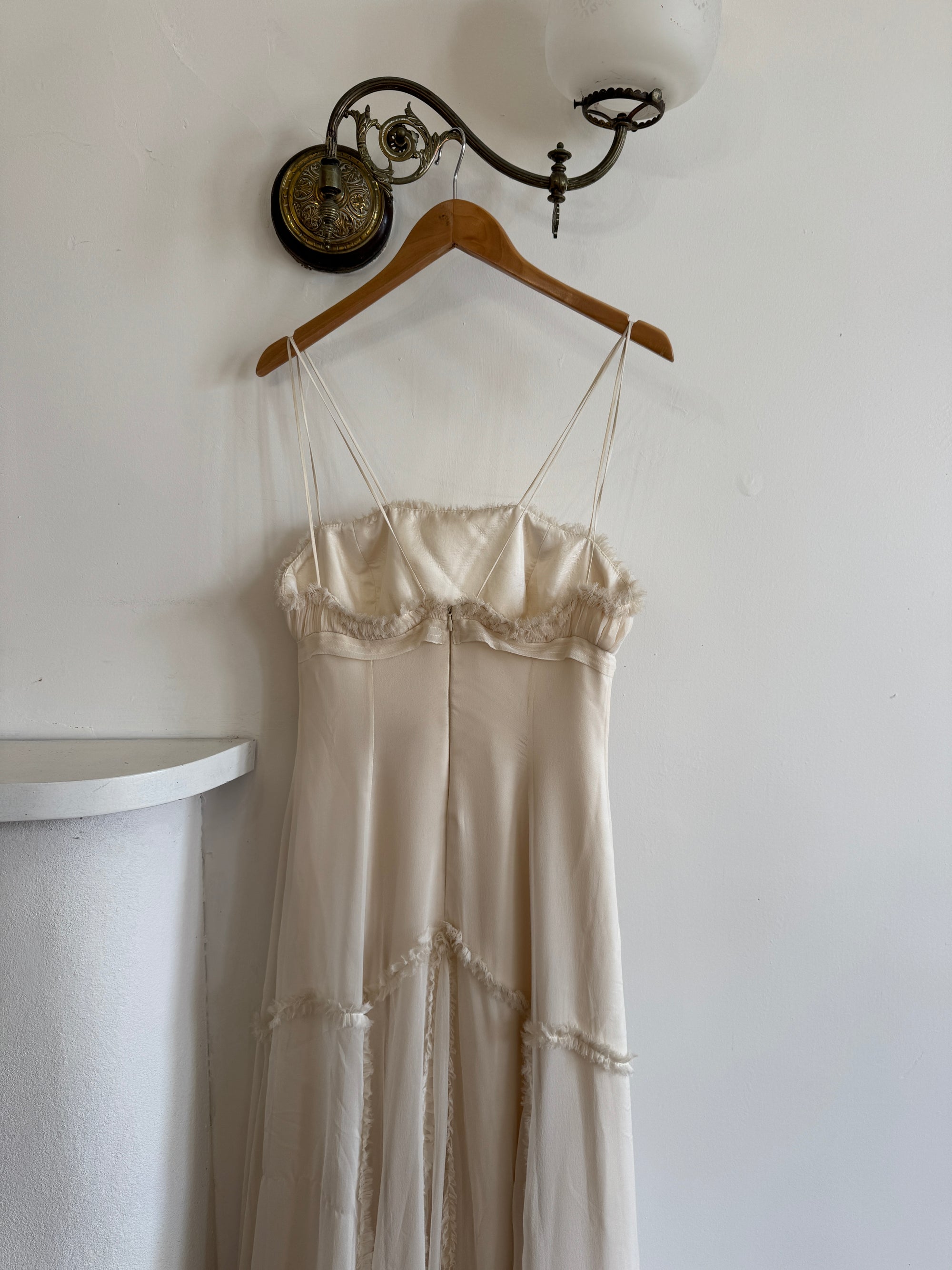 Vintage 90s Silk Chiffon Empire Wedding Gown Creme