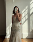 Vintage 90s Pure Silk Drop Waist Beaded Halter Gown with Cathedral Train