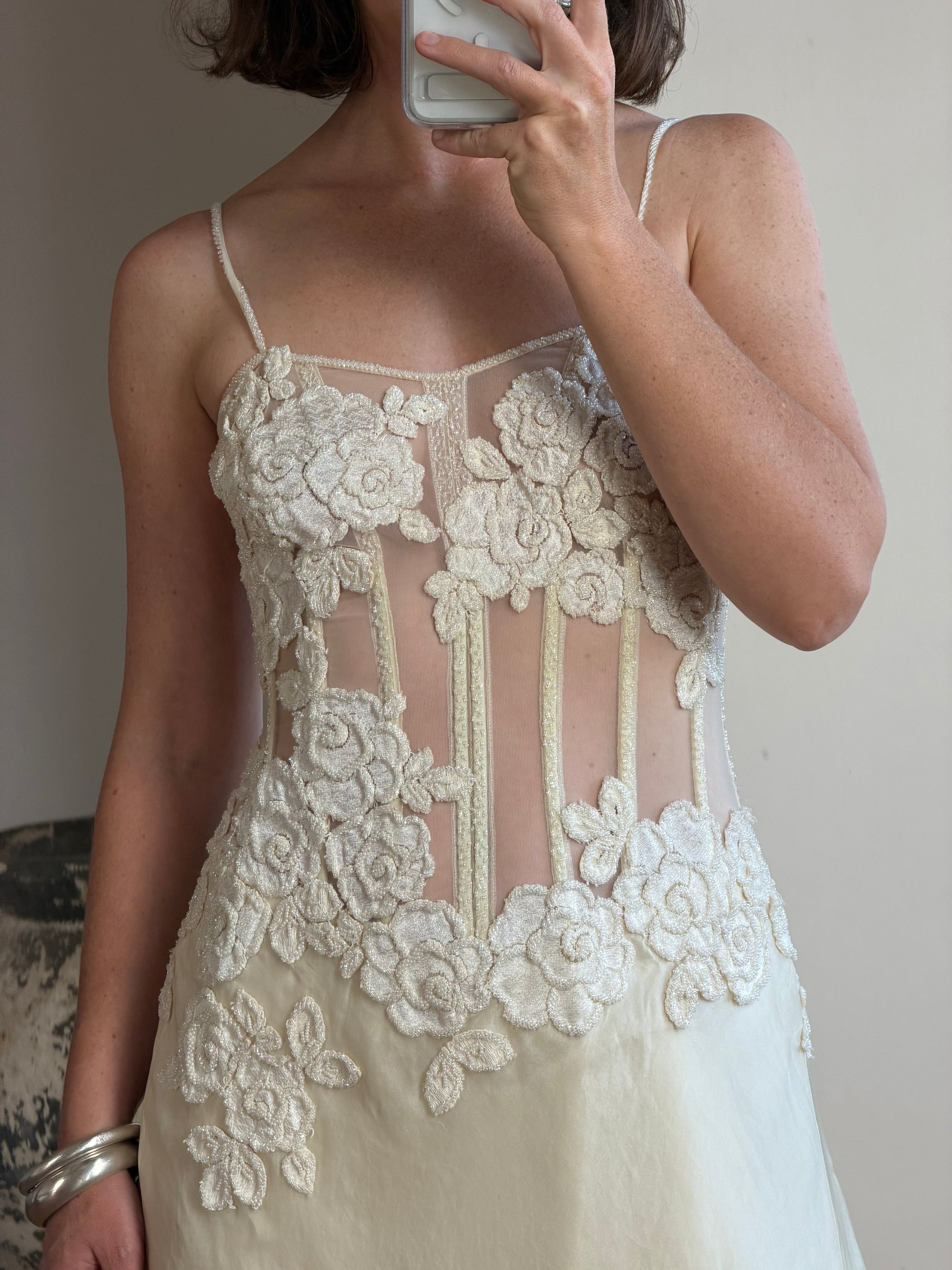 Vintage 90s Italian Nude Floral Beaded Silk Organza Wedding Gown