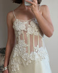 Vintage 90s Italian Nude Floral Beaded Silk Organza Wedding Gown