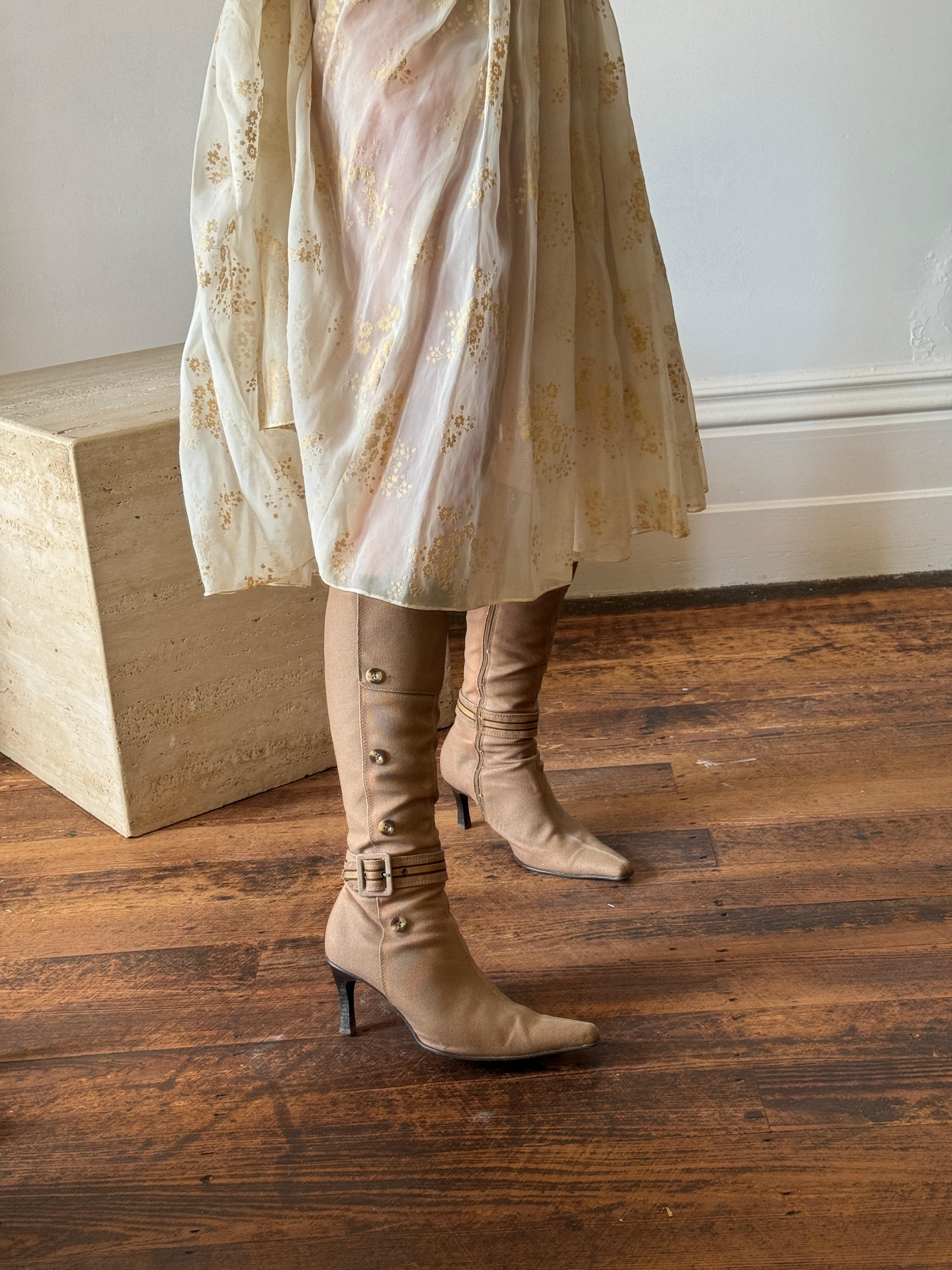 Vintage 90s Canvas Calf High Pointed Boots Latte