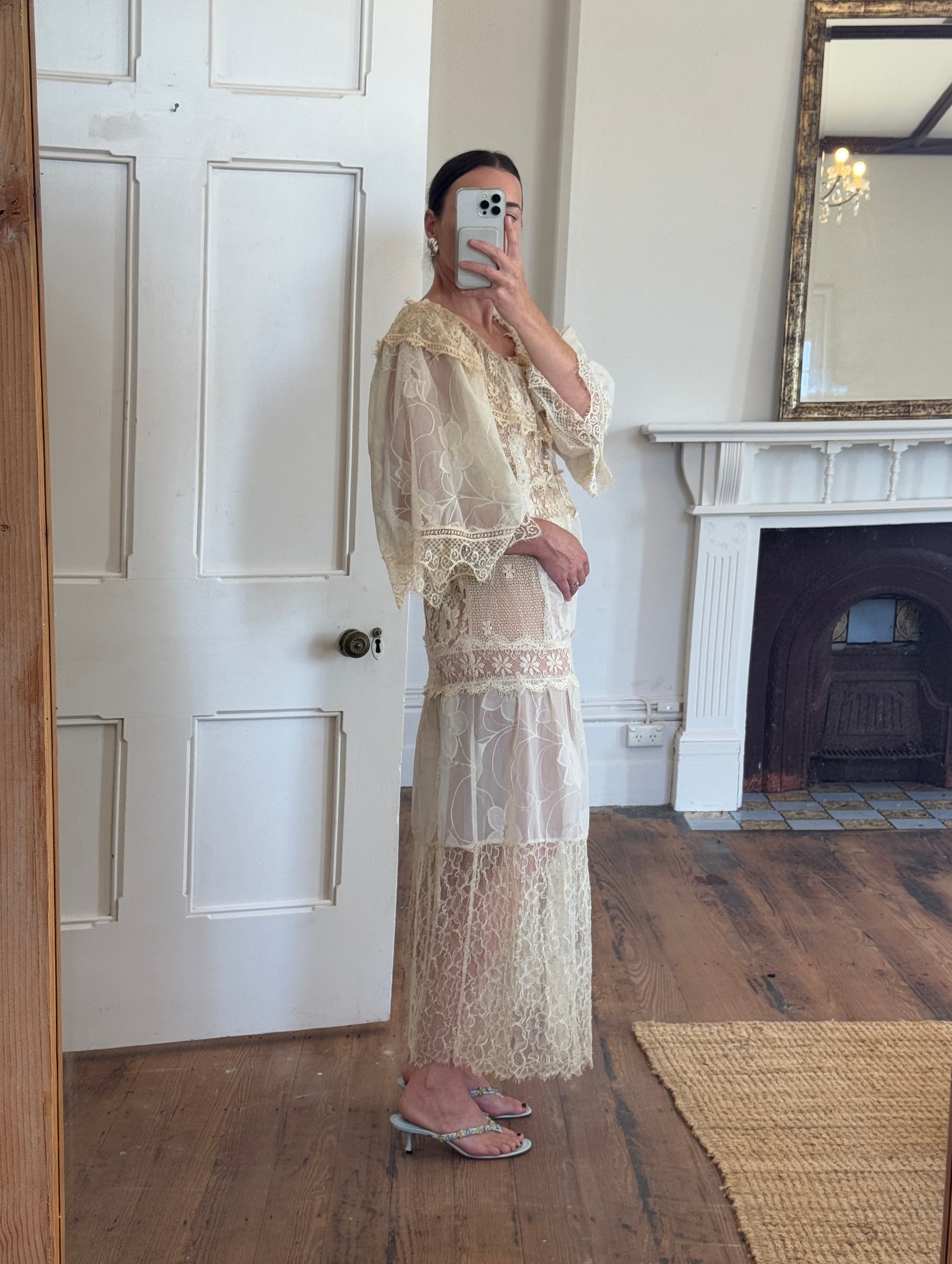 Vintage 70s Patchwork Lace Gown Creme