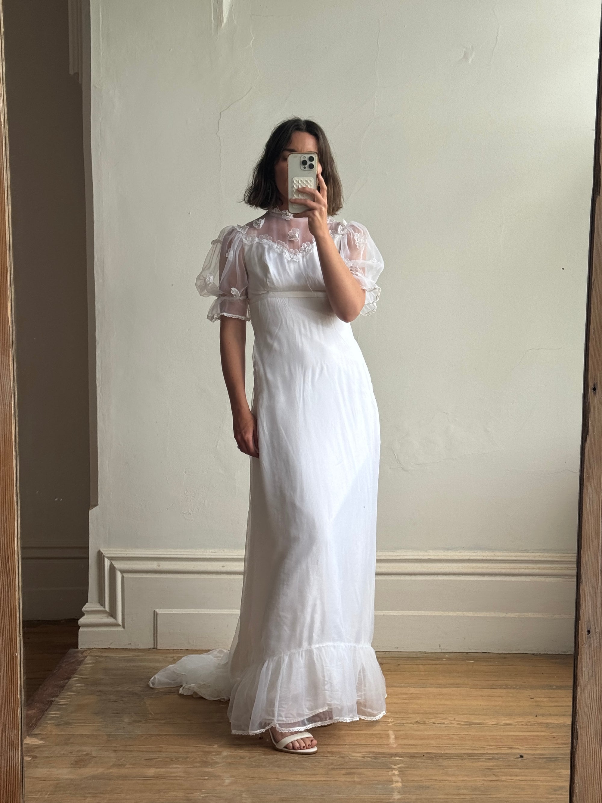 Vintage 60s Empire Organza Floral Wedding Dress