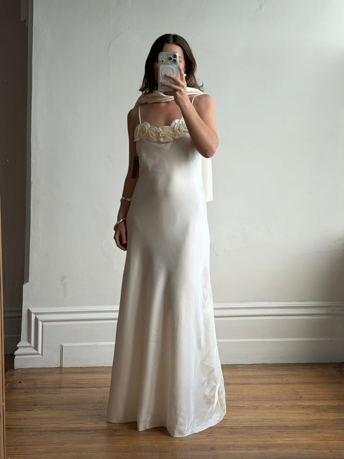 Vintage Y2K Rosette Bridal Slip Dress Champagne Satin