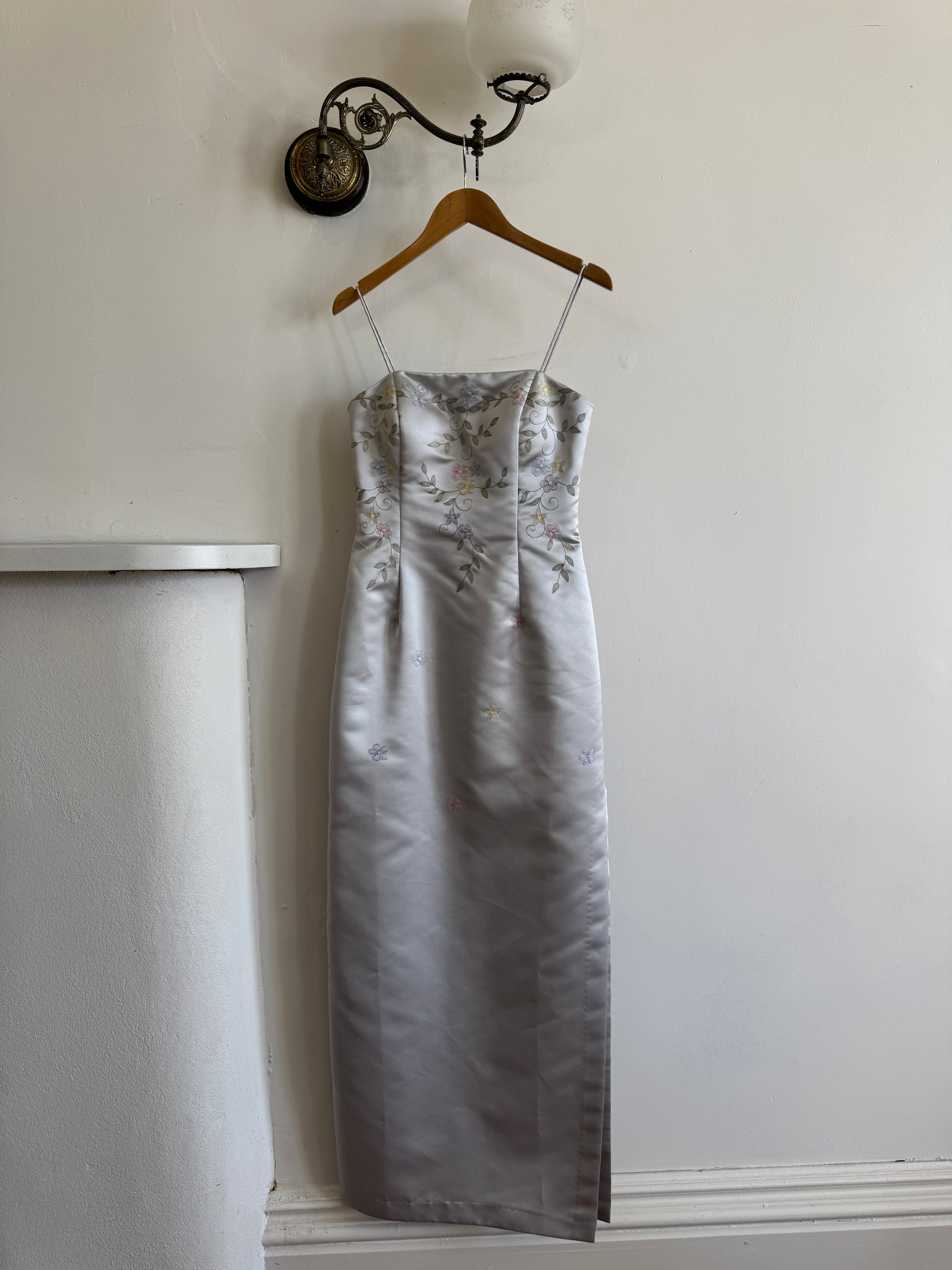 Vintage 90s Baby Blue Satin Embroidered Floral Column Midi