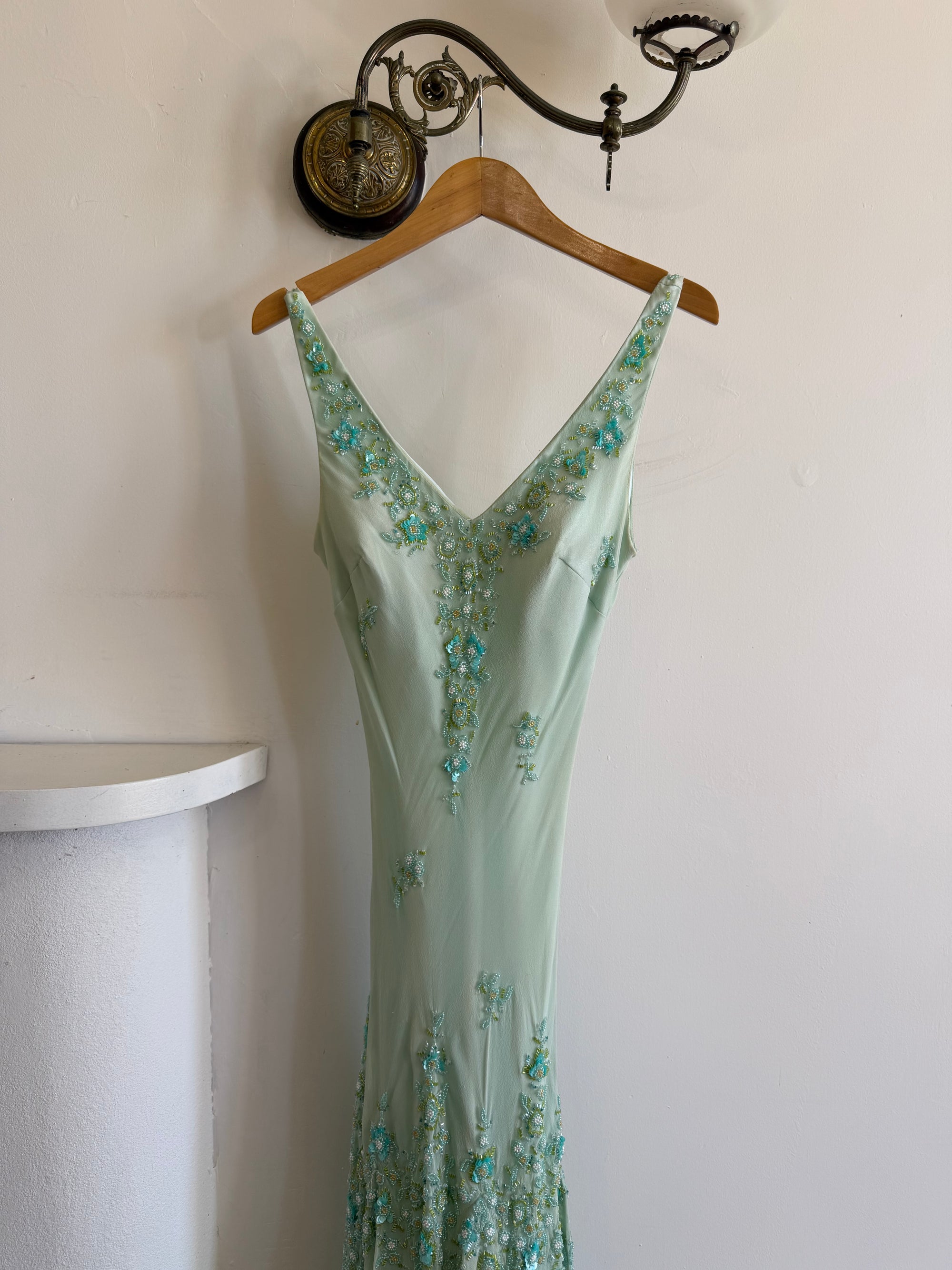 Vintage 90s Pure Silk Aquamarine Fairy Beaded Dress