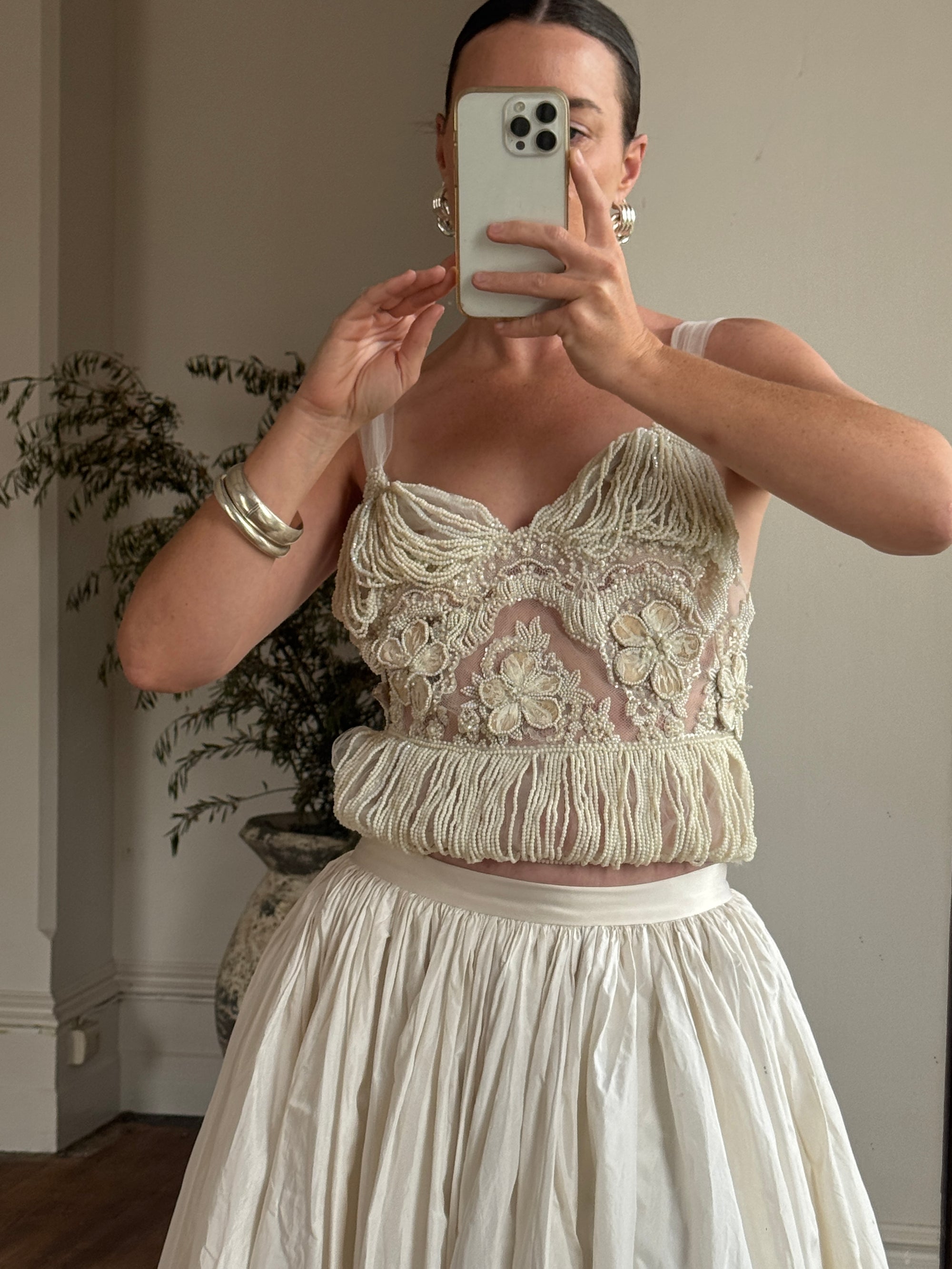 Vintage 90s Two Piece Tulle Beaded Top and Princess Silk Satin Skirt