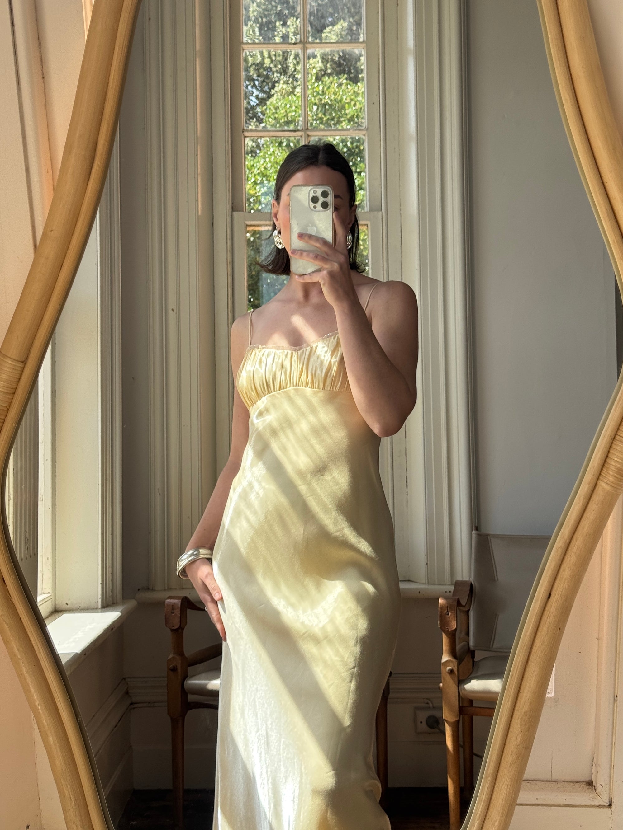 Vintage 90s Butter Yellow Organza Bias Slip Dress