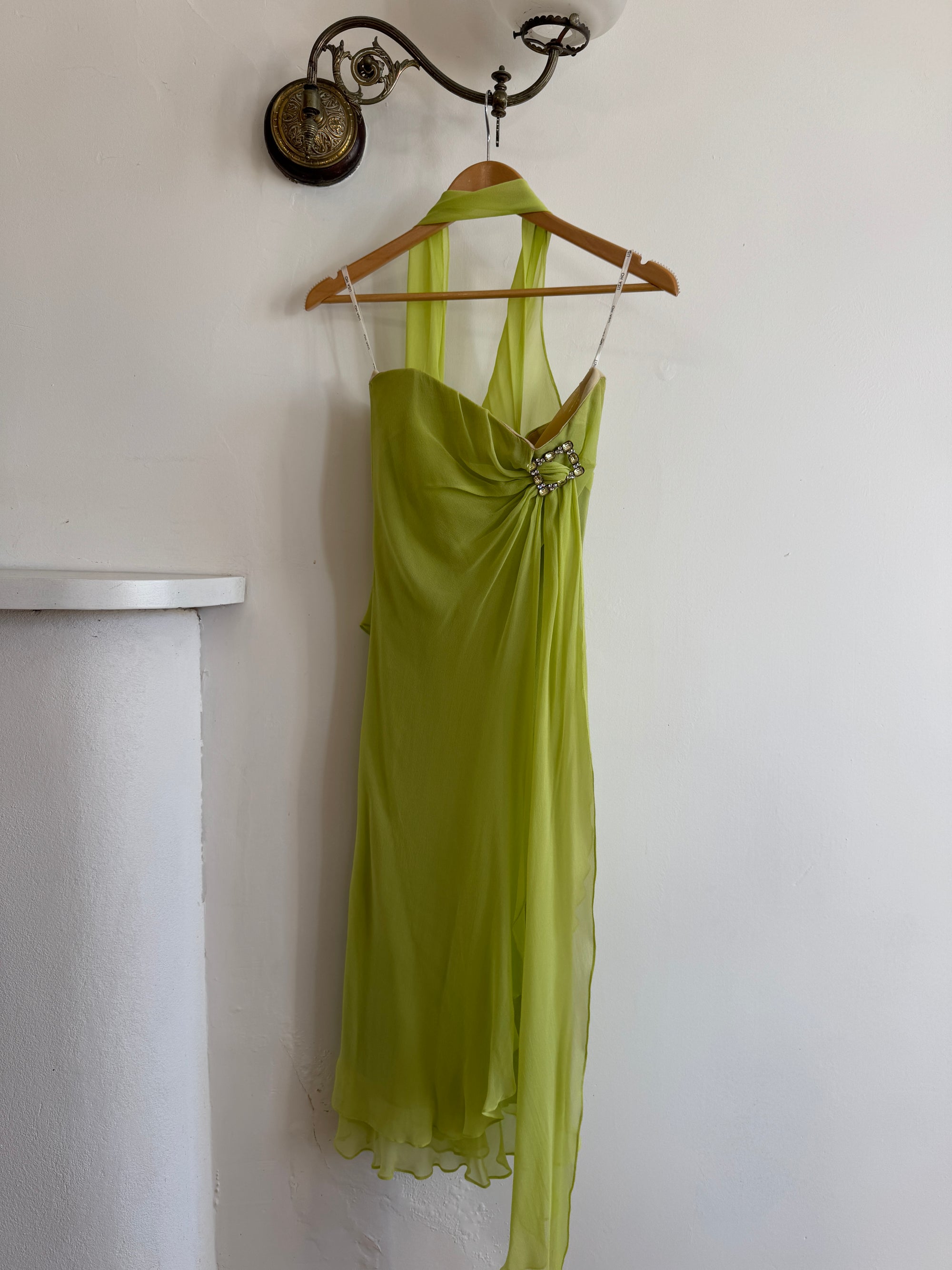 Vintage Y2K Chartreuse Strapless Pure Silk Brooch Dress