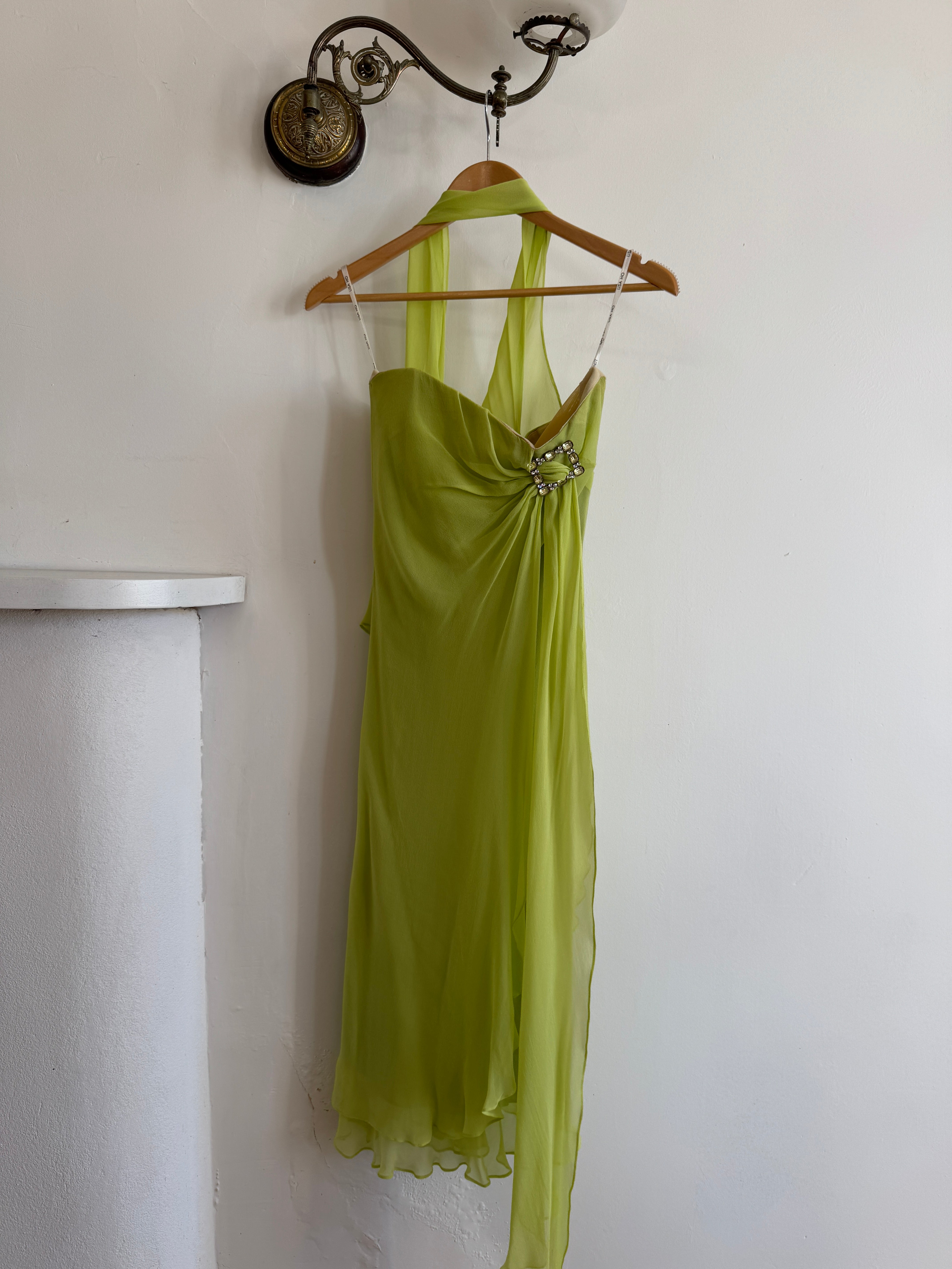Vintage Y2K Chartreuse Strapless Pure Silk Brooch Dress