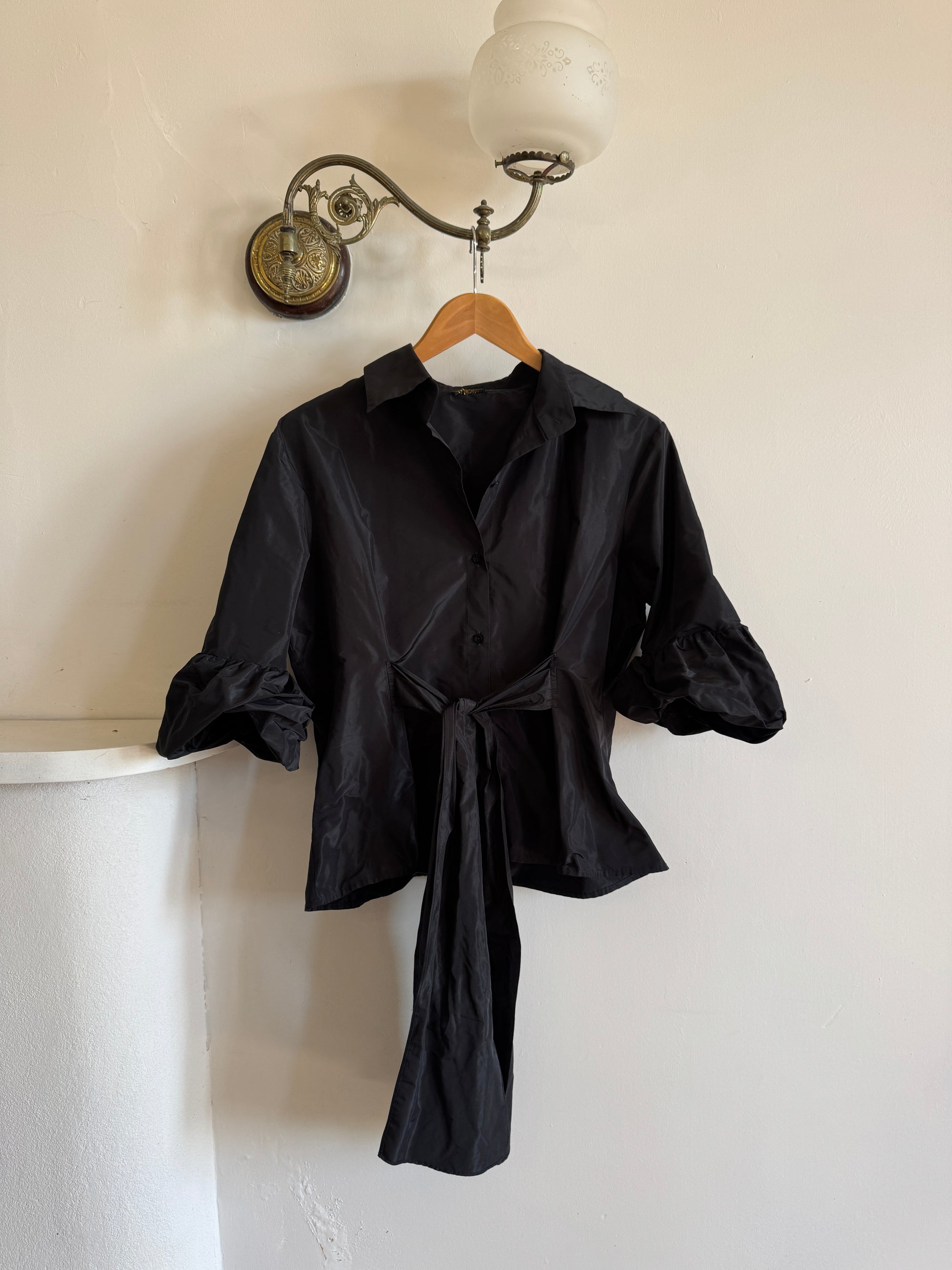 Vintage 90s Taffeta Button Up Structured Blouse Noir