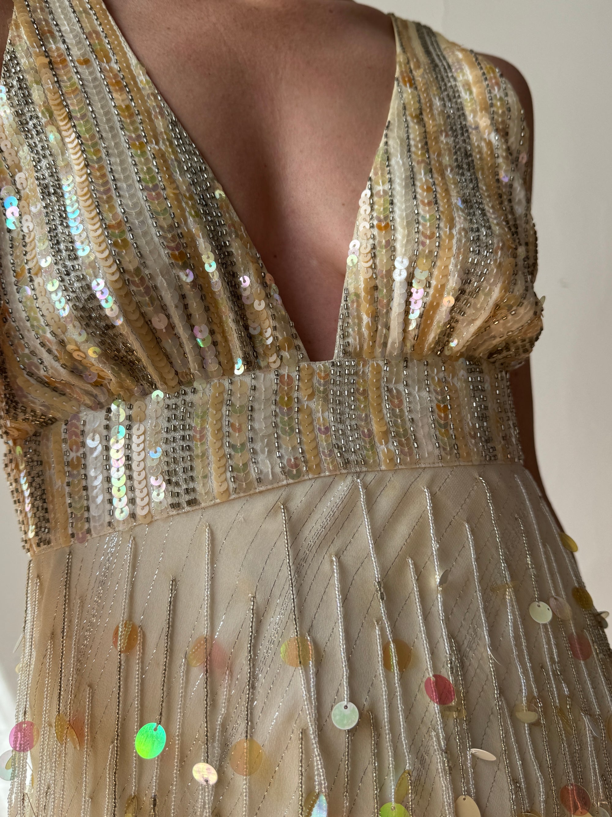 Vintage Y2K Pure Silk Sequin Tassel Disco Dress