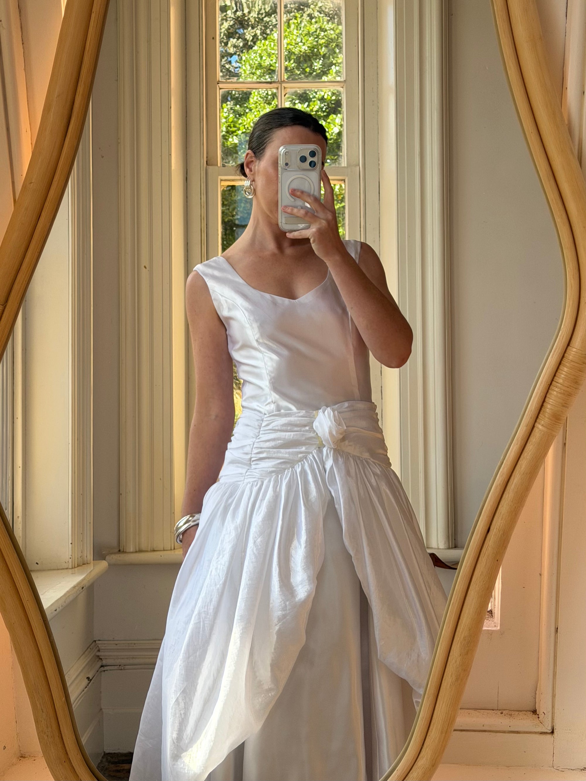 Vintage 90s Strappy Wedding Dress With Rosette Cape Pearl