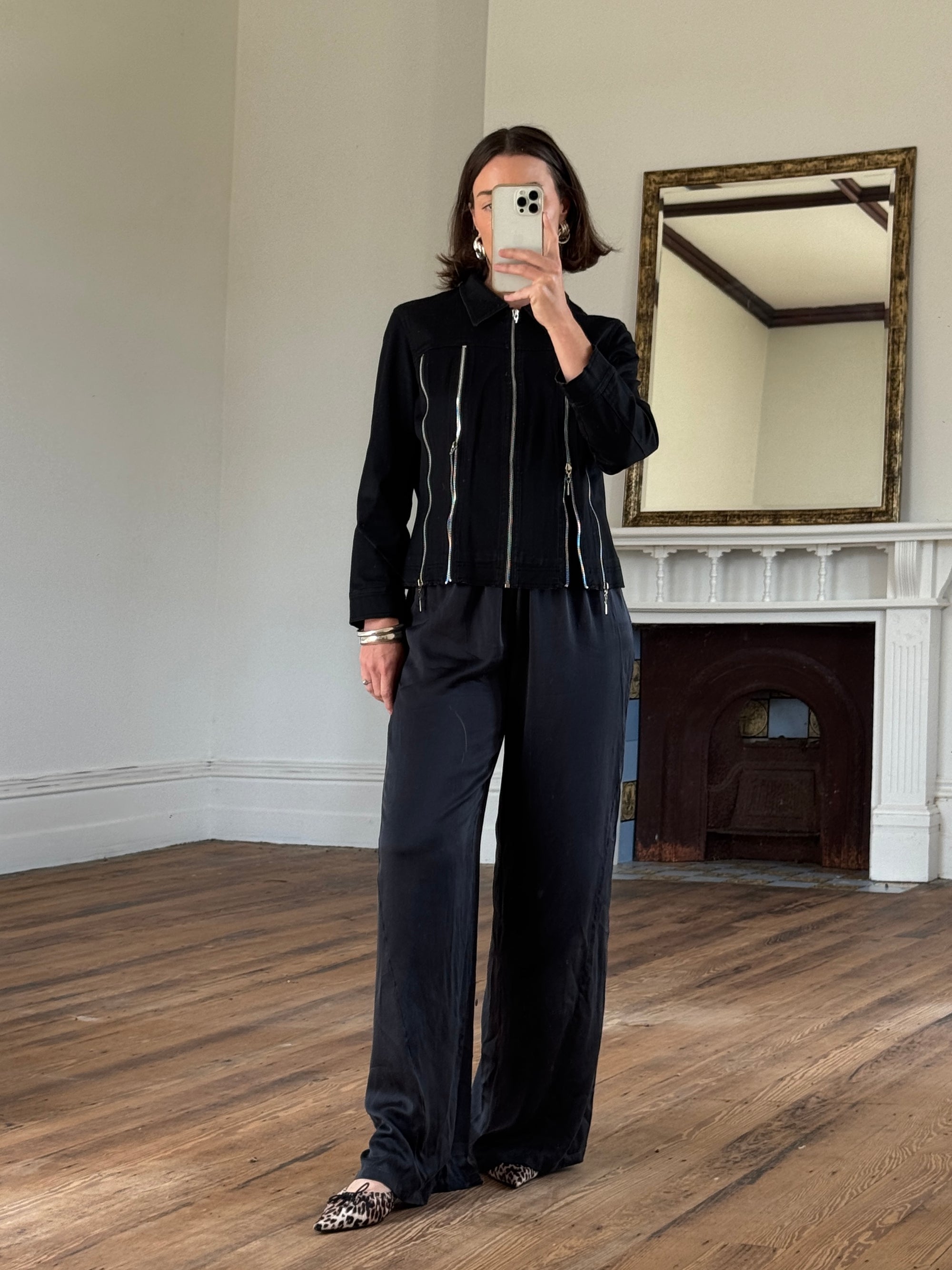 Vintage 90s Denim Multi Zip Jacket Noir