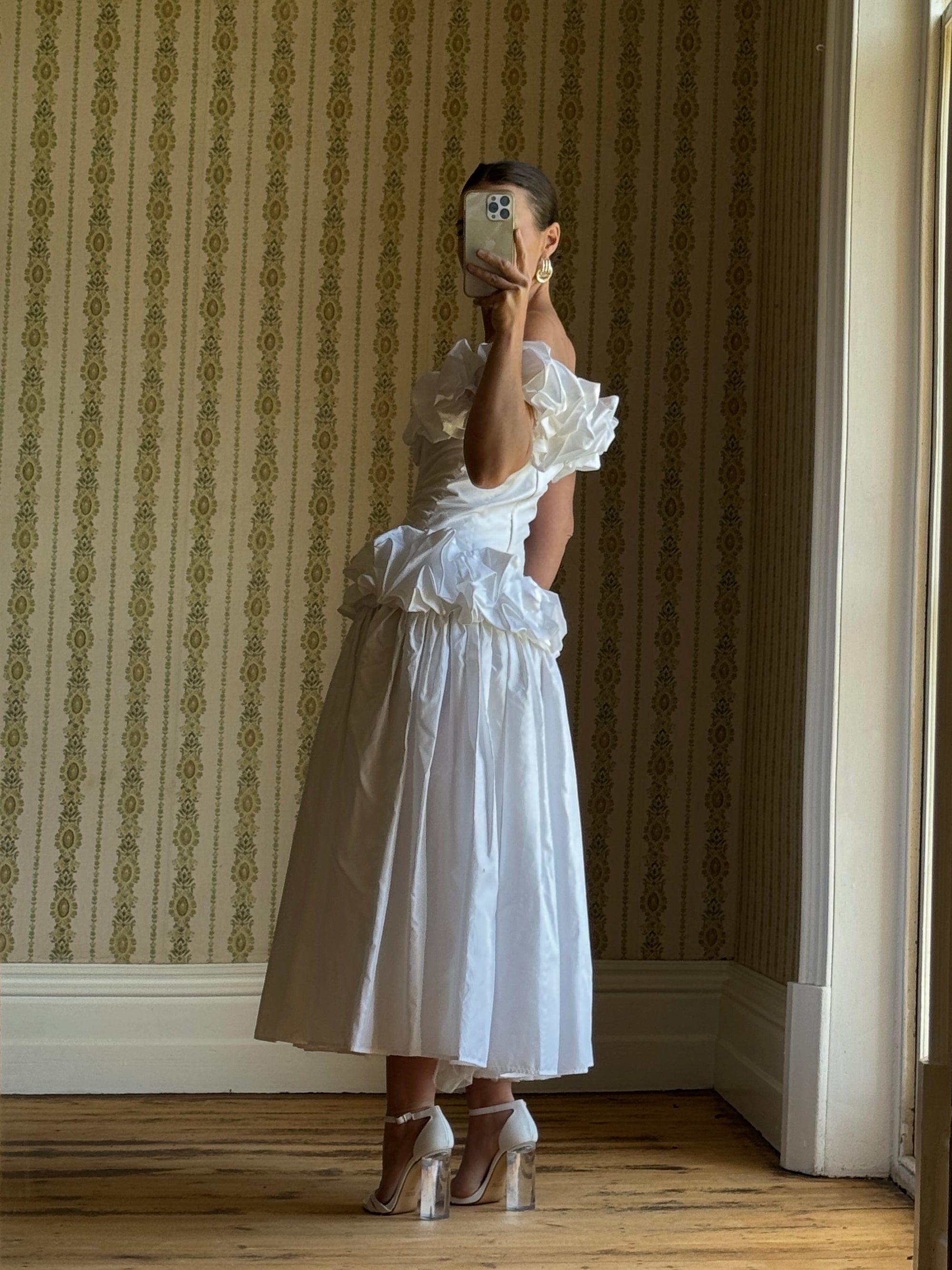 Vintage 80s Taffeta Ruffle Off Shoulder Wedding Dress
