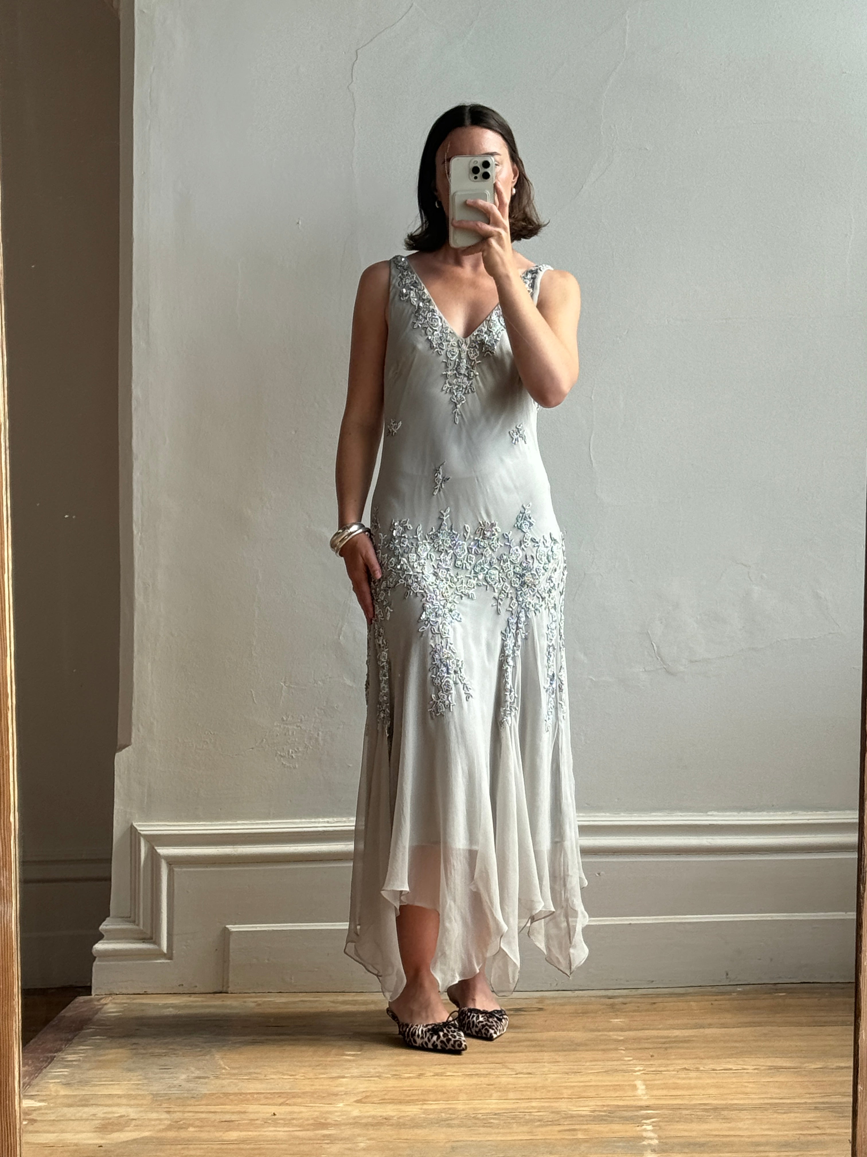 Vintage 90s Pure Silk Beaded V Neck Dress Light Grey