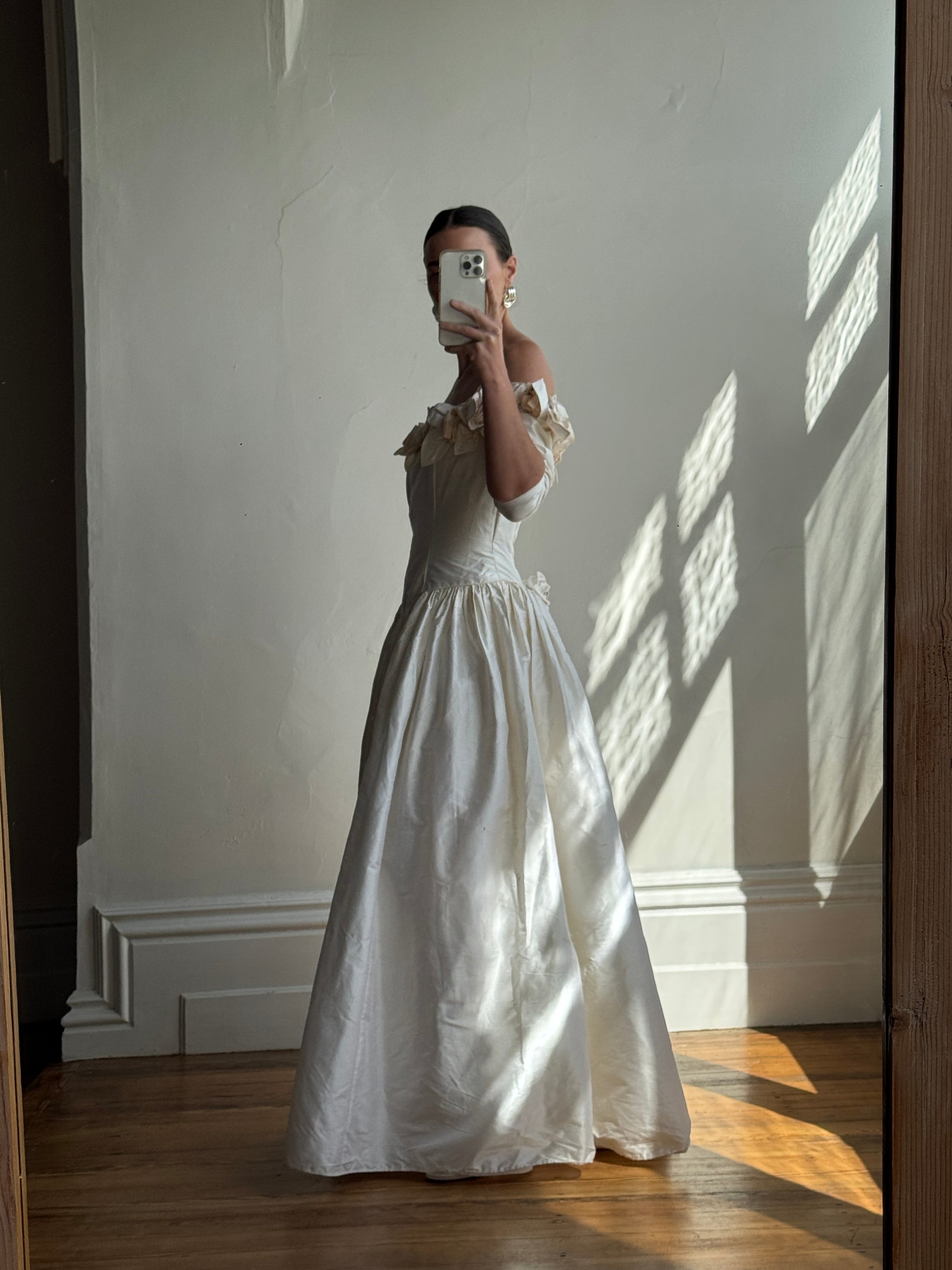 Vintage 80s Pure Silk Rosette Off Shoulder Gown