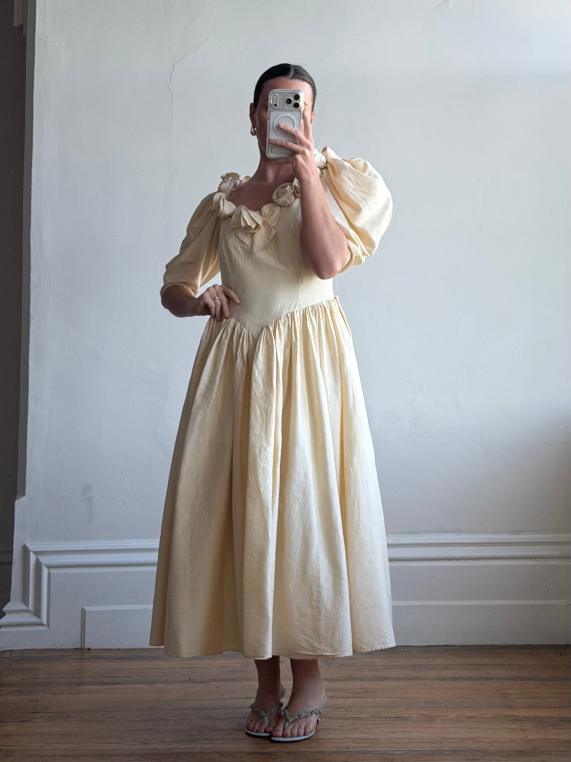 Vintage 90s Silk Dupion Rosette Bridal Midi Gown