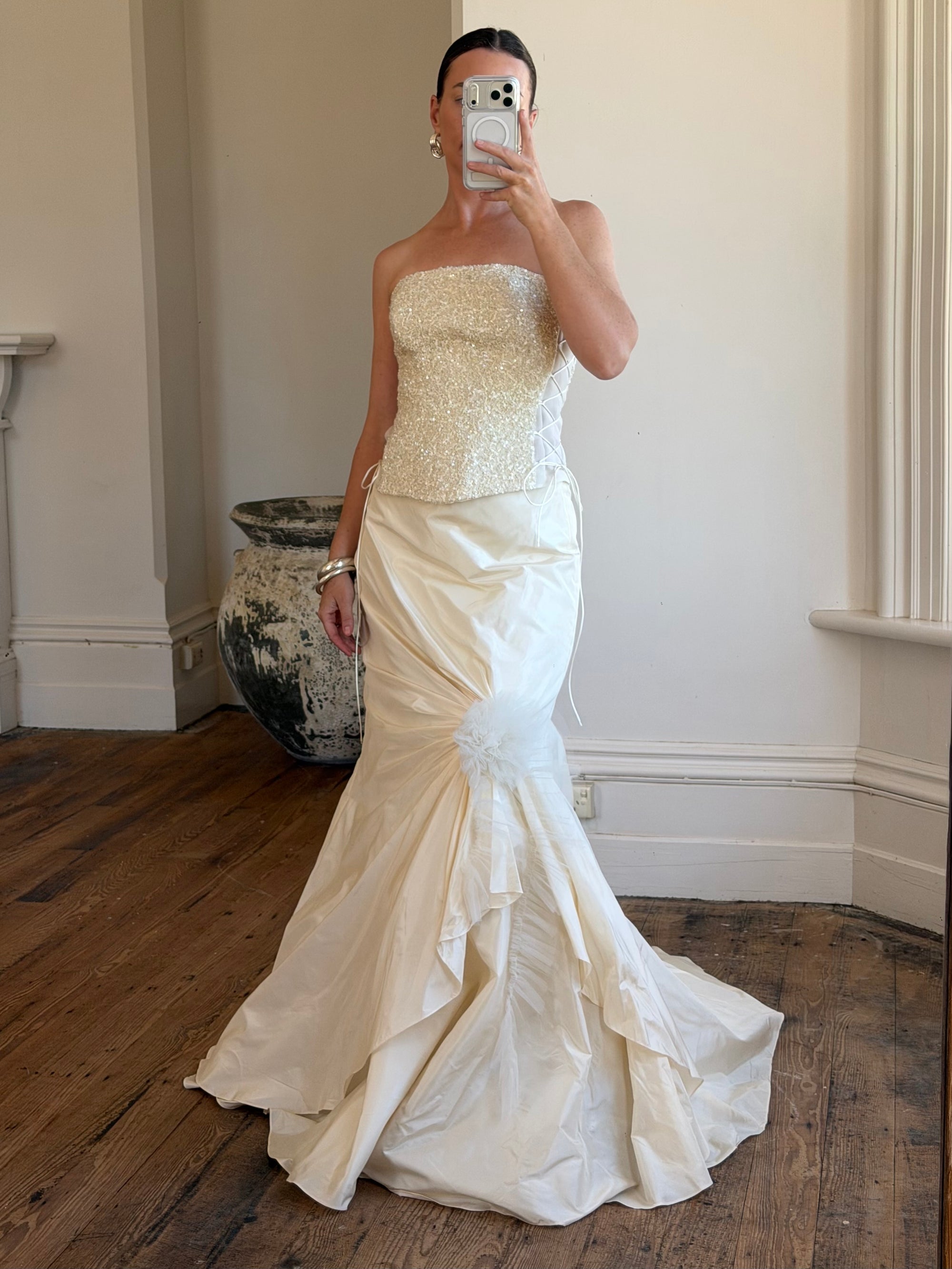 Vintage 90s Italian Pure Silk Taffeta and Sequin Bridal Set