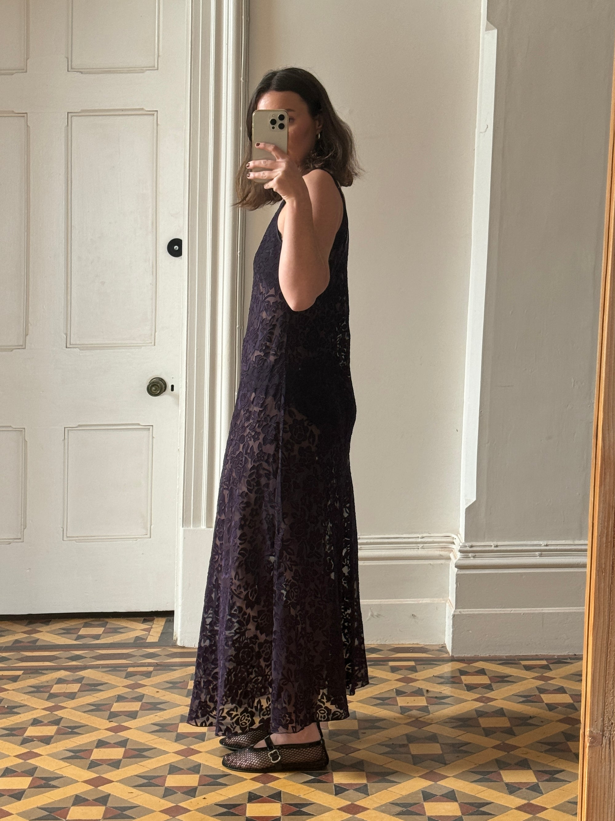 Vintage 90s Burnt Velvet Sheer Slip Dress Eggplant