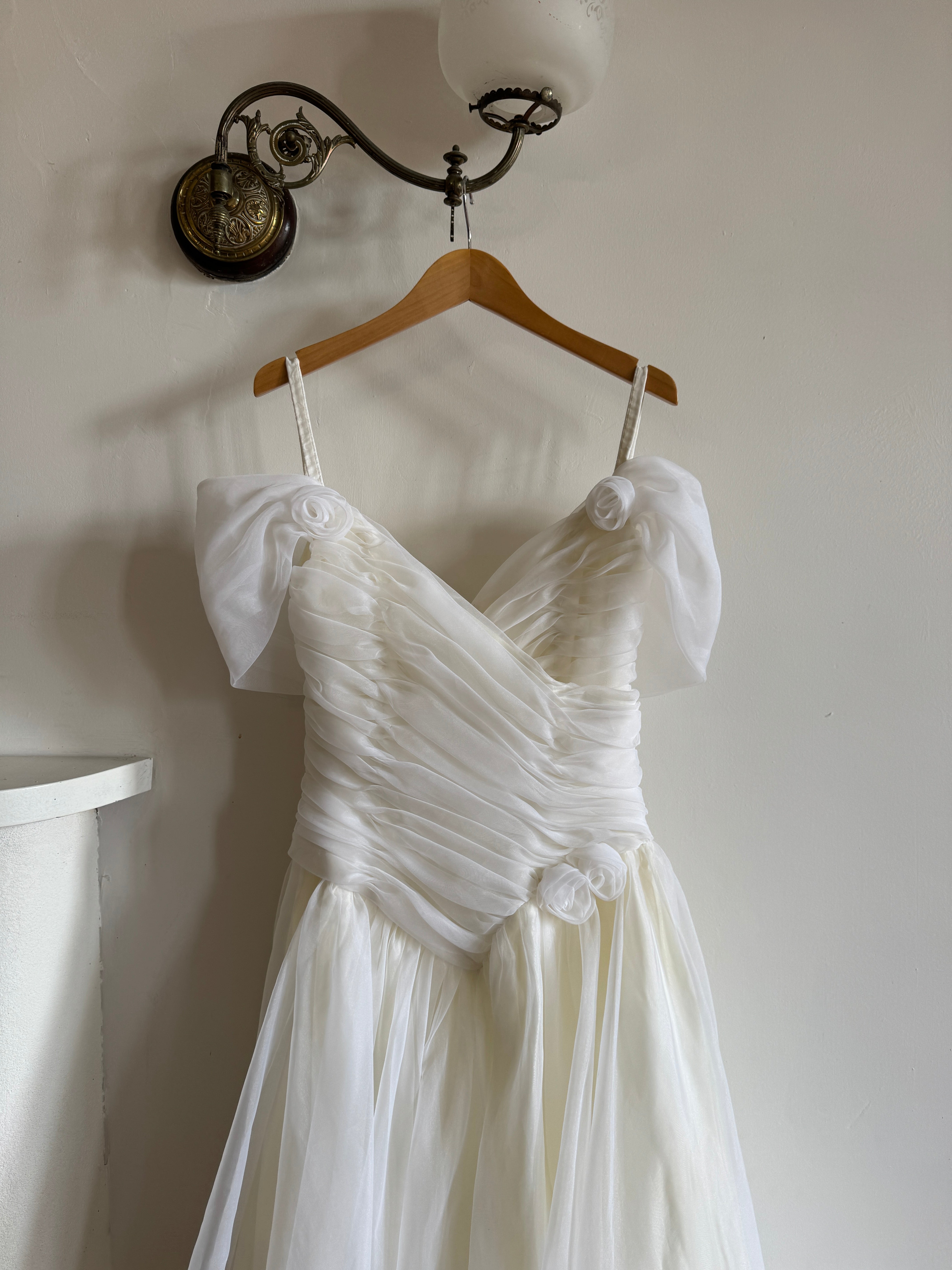 Vintage 80s Chiffon Rosette Off Shoulder Wedding Dress