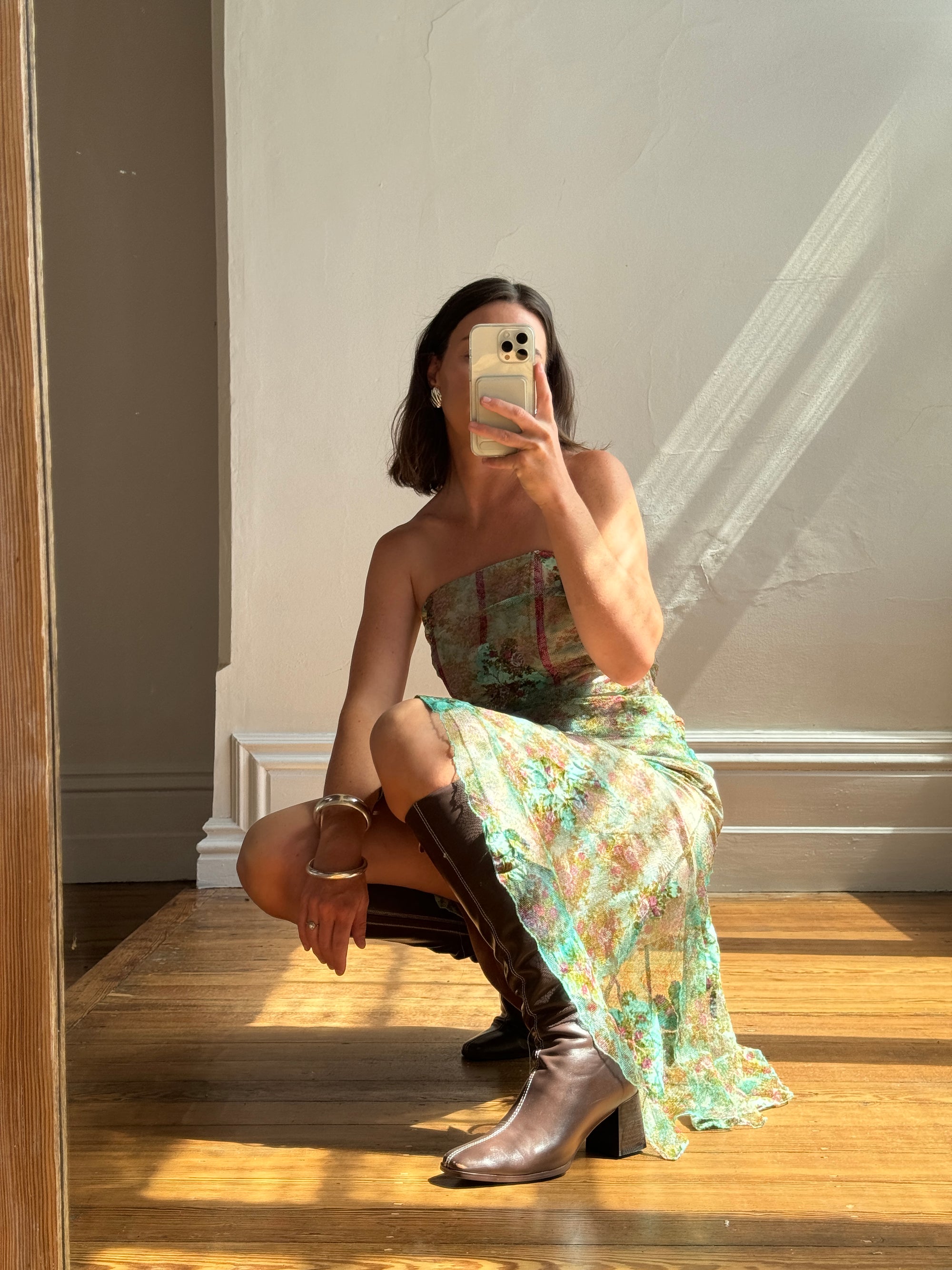 Vintage Y2K Teal Mesh Tapestry Corset Dress